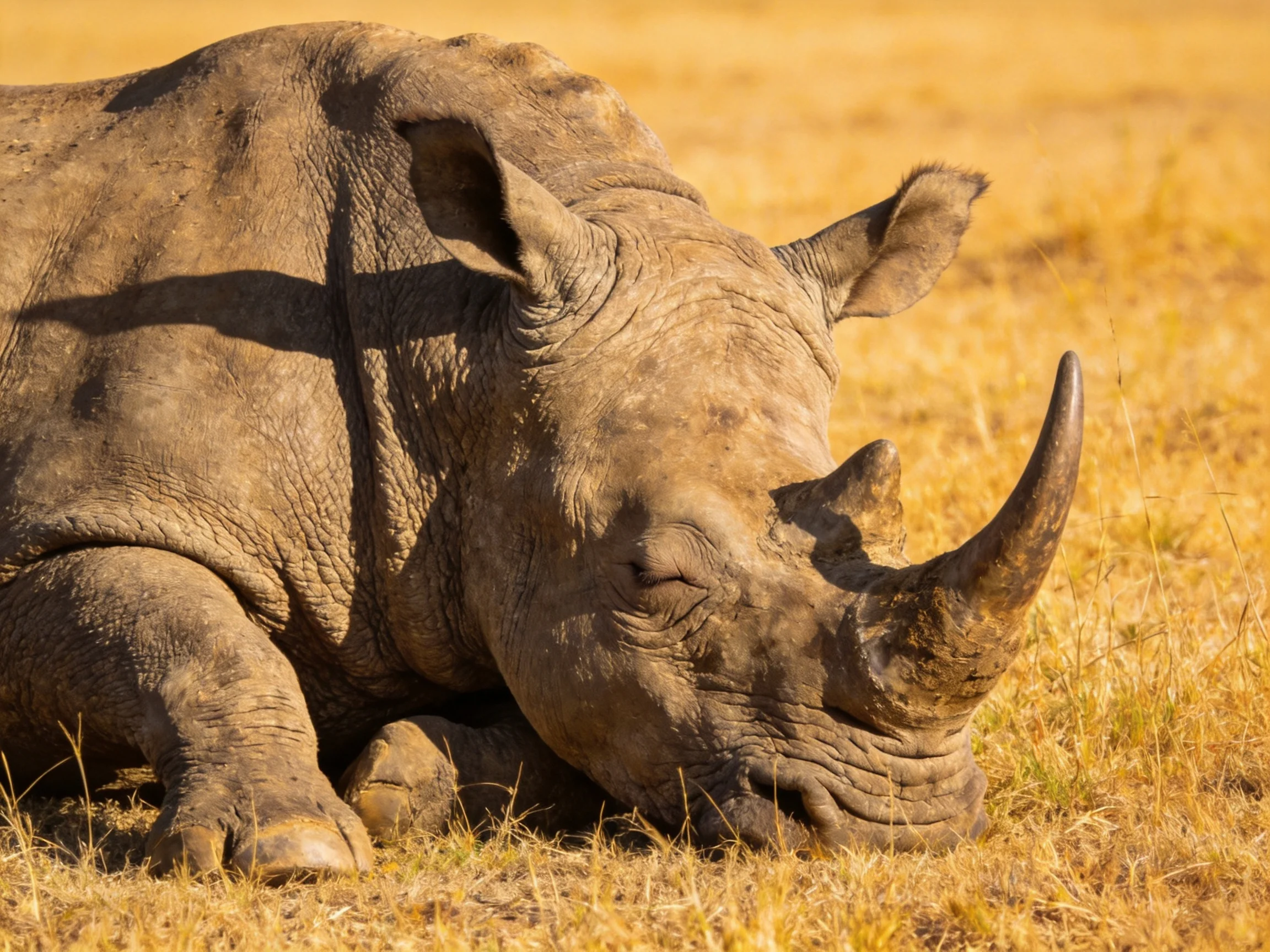 A large gray rhinoceros rests in golden savannah grass