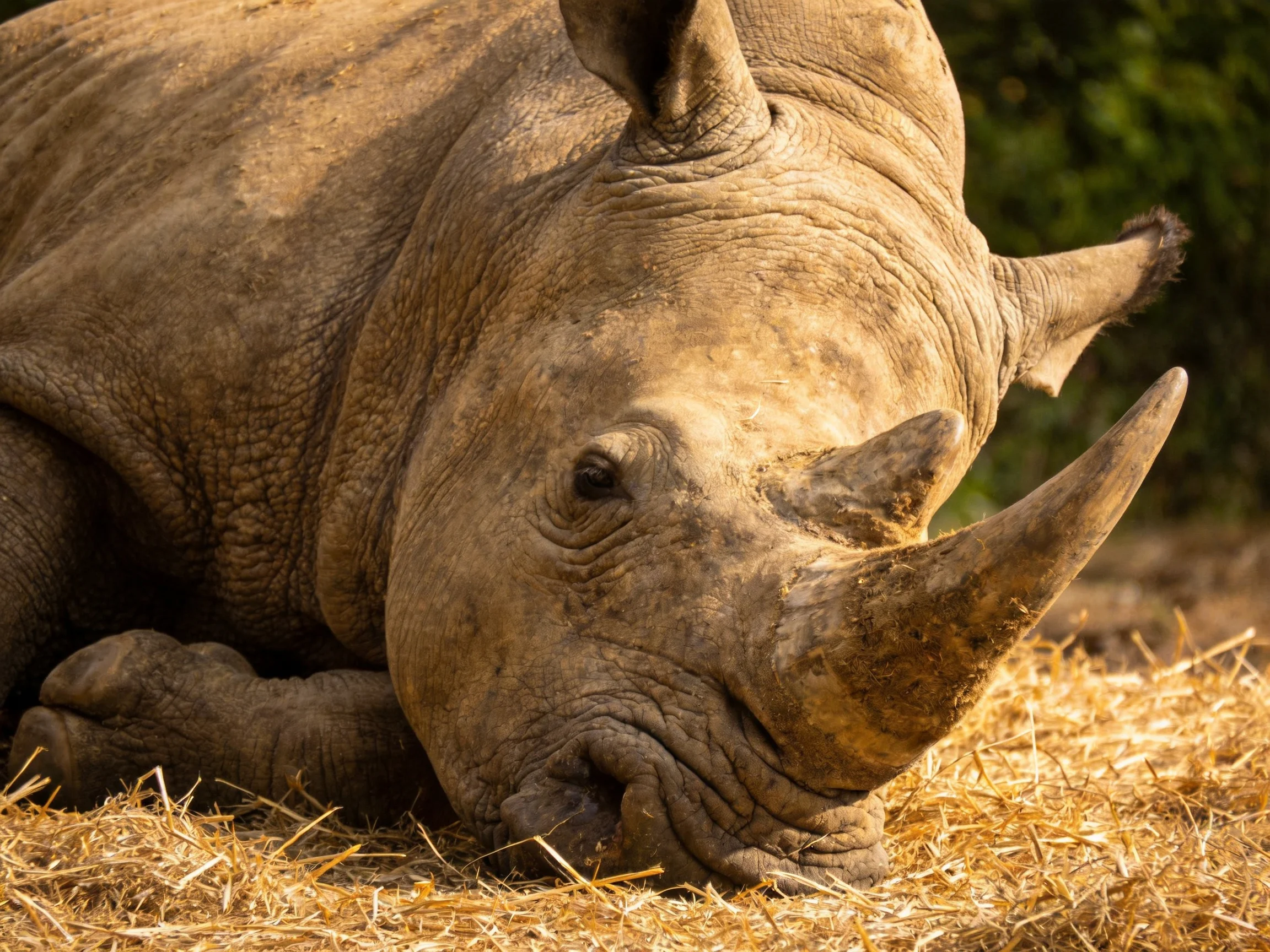 A large gray rhinoceros rests on golden straw near greenery