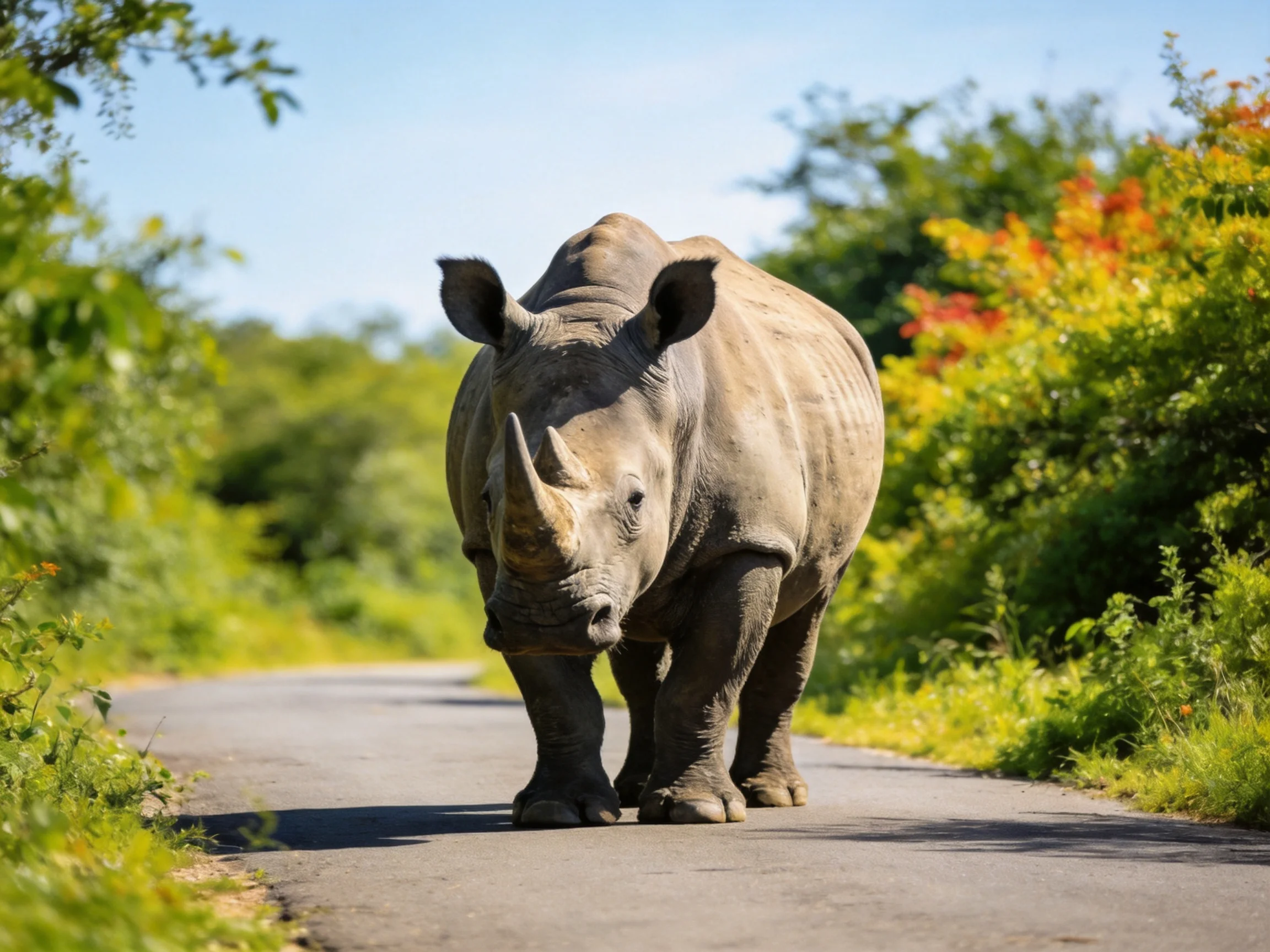 A large gray rhinoceros crosses a paved road bordered by dense green plants.