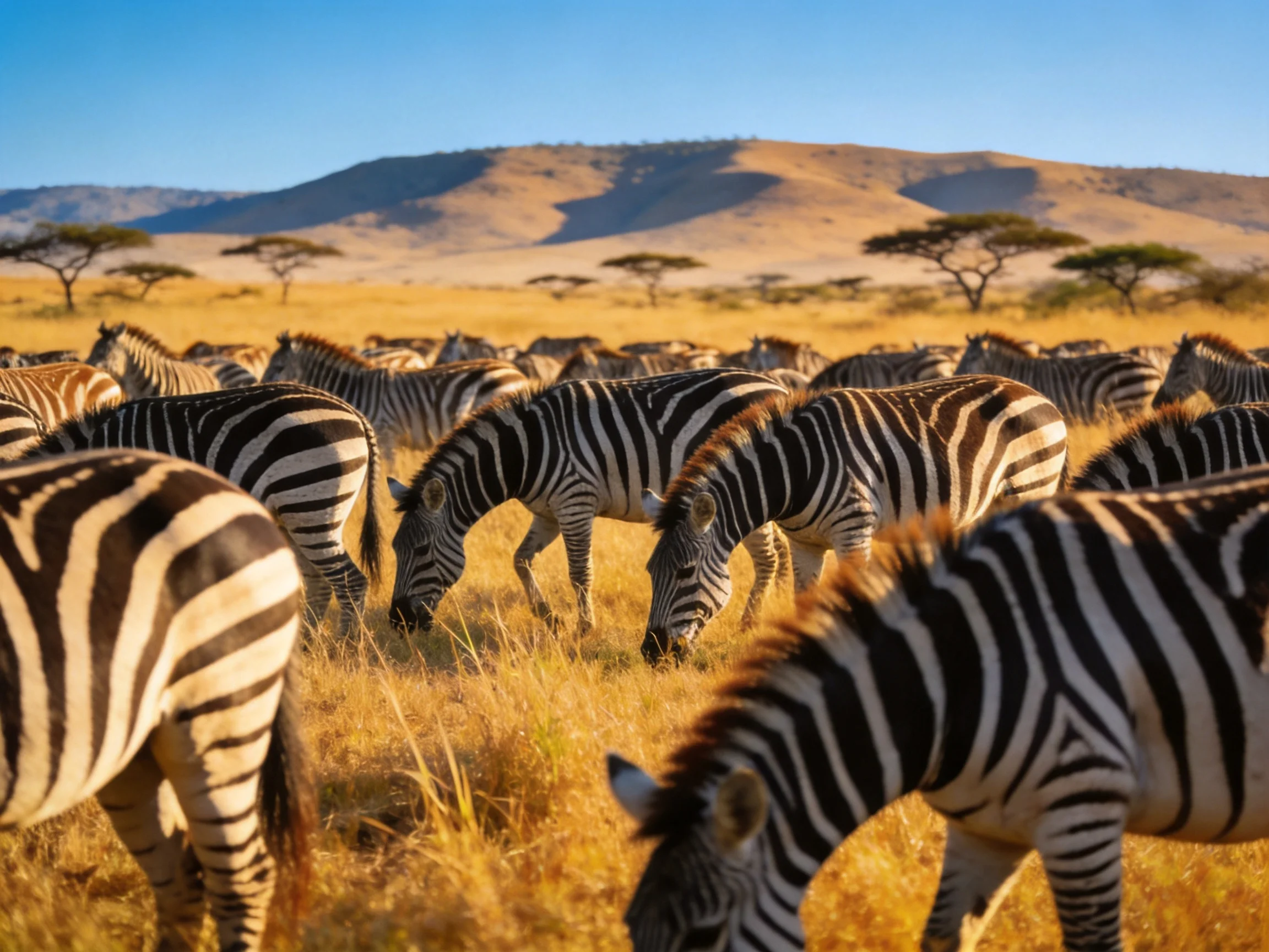 A large herd of zebras grazing in golden savannah with blue skies