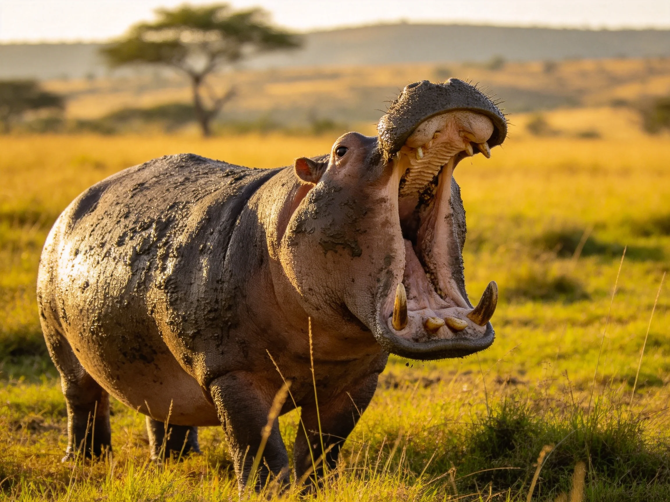 A large hippopotamus yawning in golden savannah