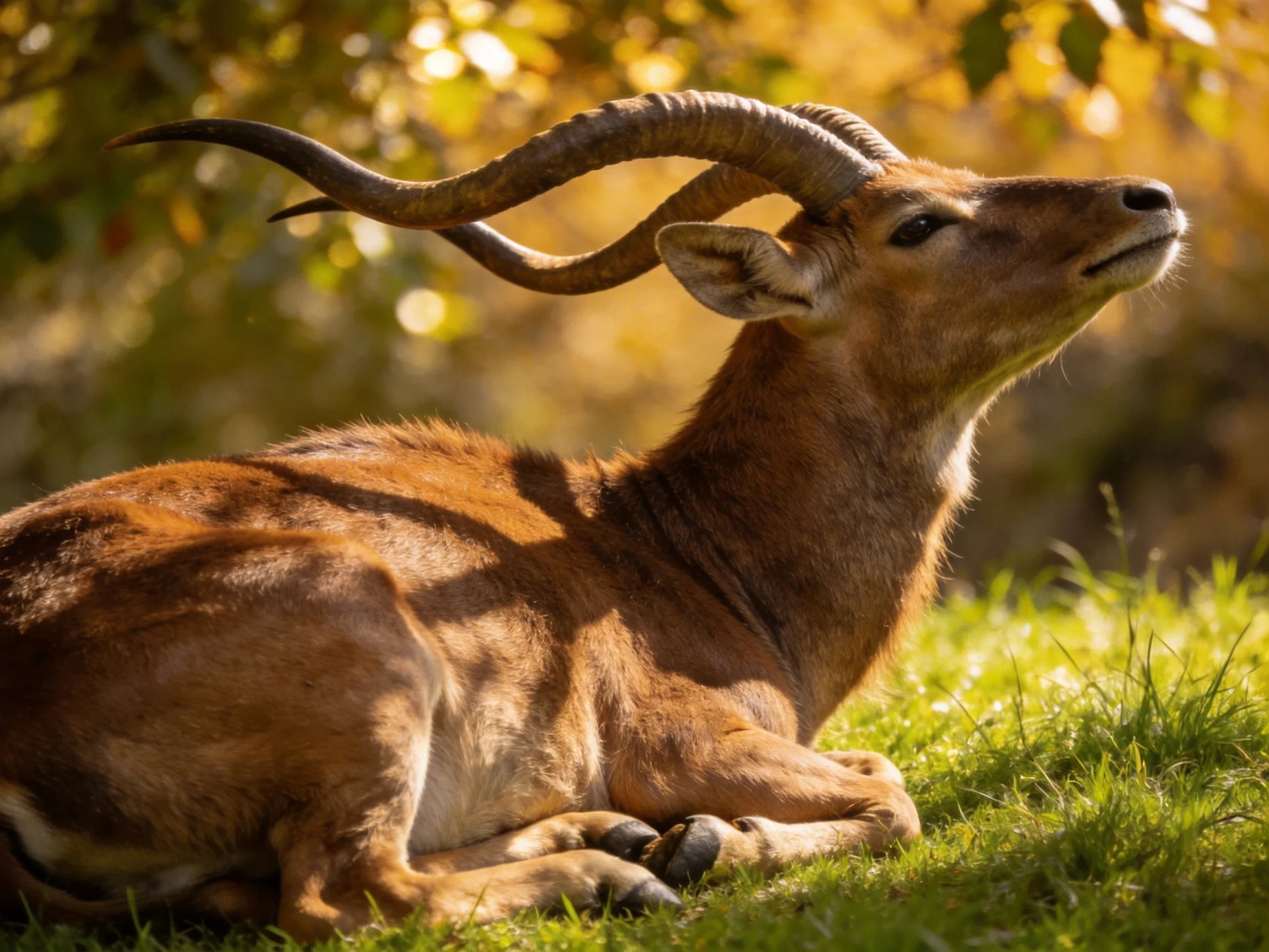 A large horned antelope resting on sun-dappled green grass