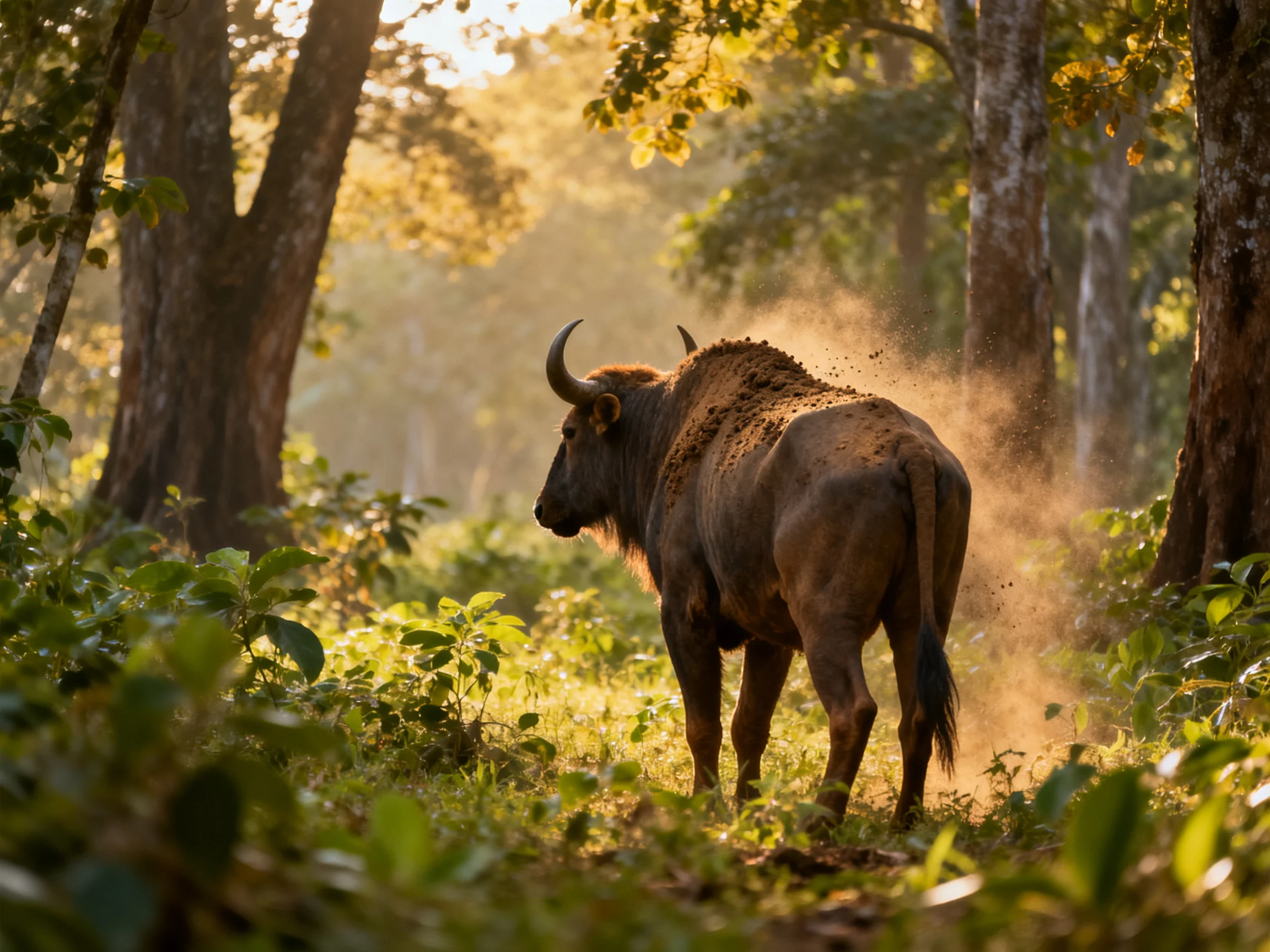 A large horned bovine walks through sunlit forest with dust