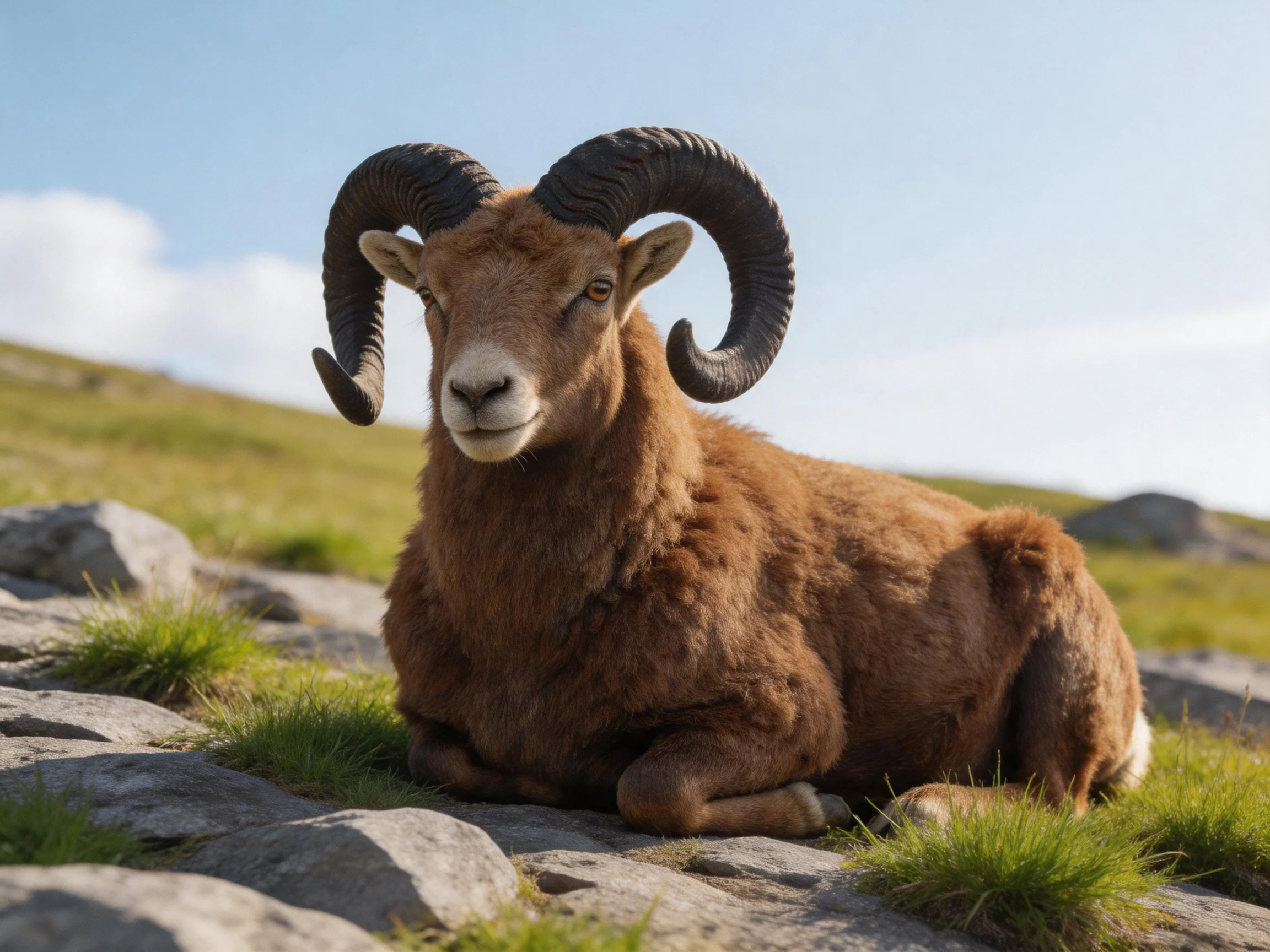 A large-horned brown ram rests on rocky ground amid grass