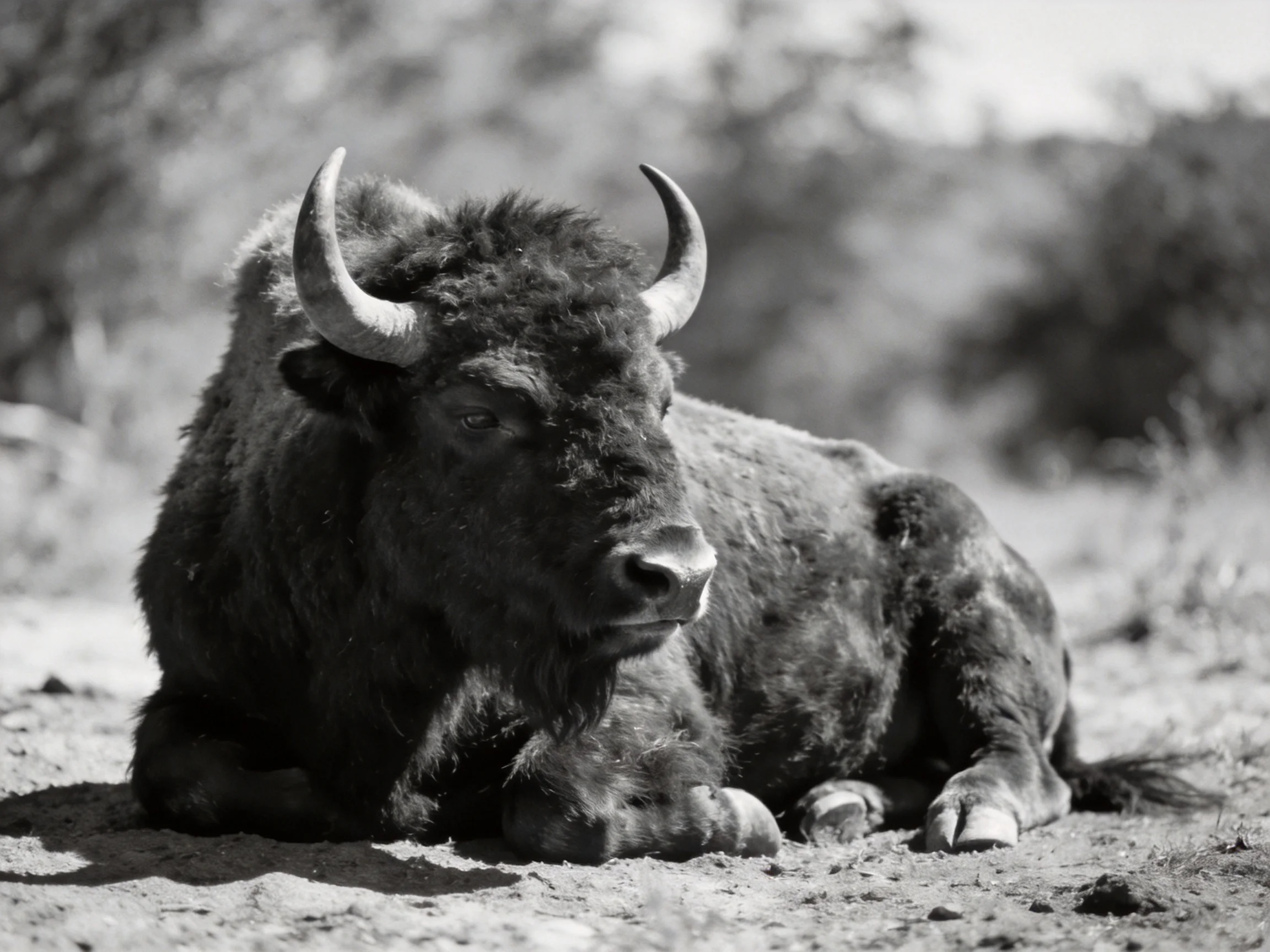 A large horned buffalo rests on dusty ground with thick fur