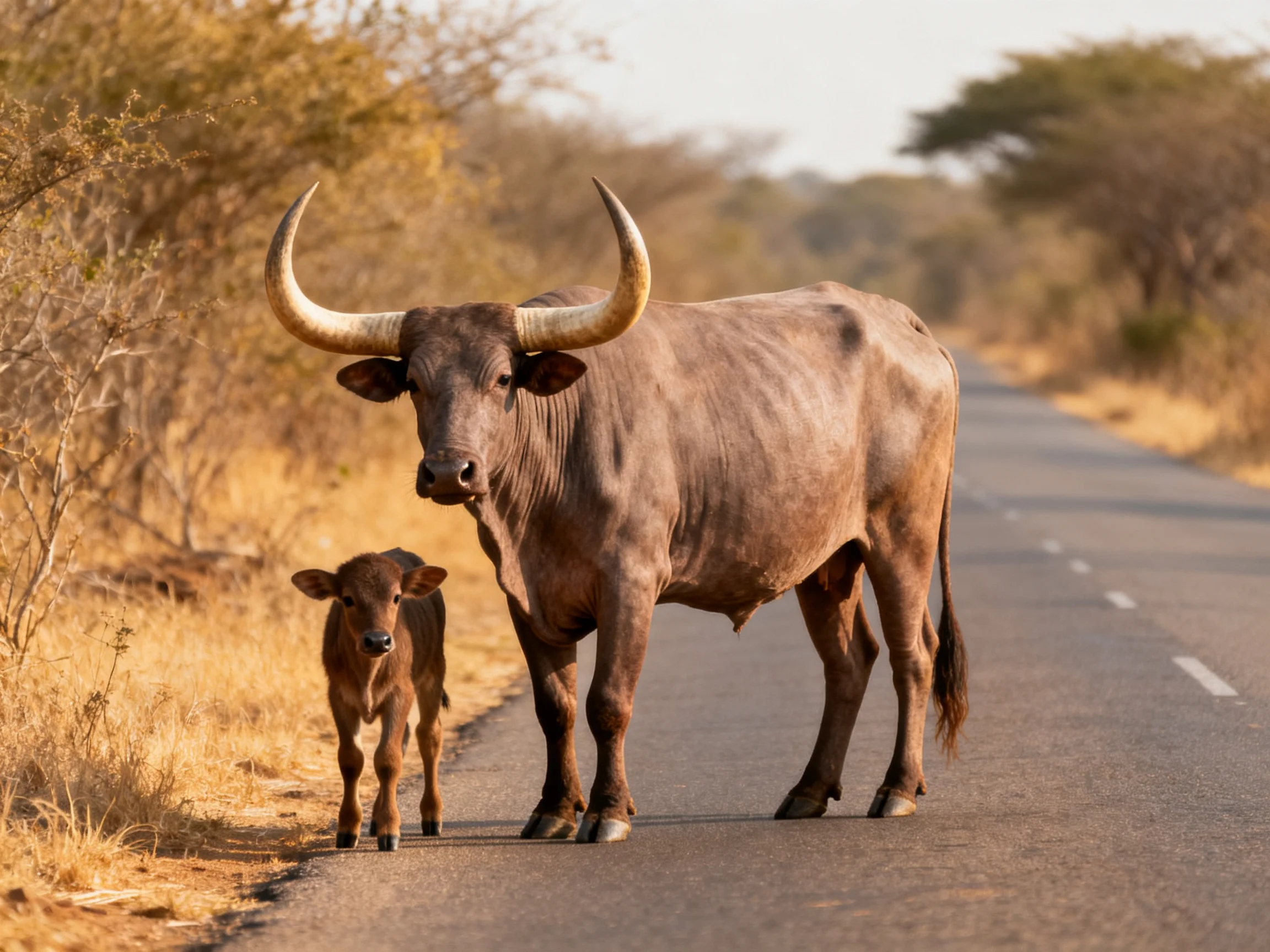 A large horned bull and calf stand on a sunlit rural road