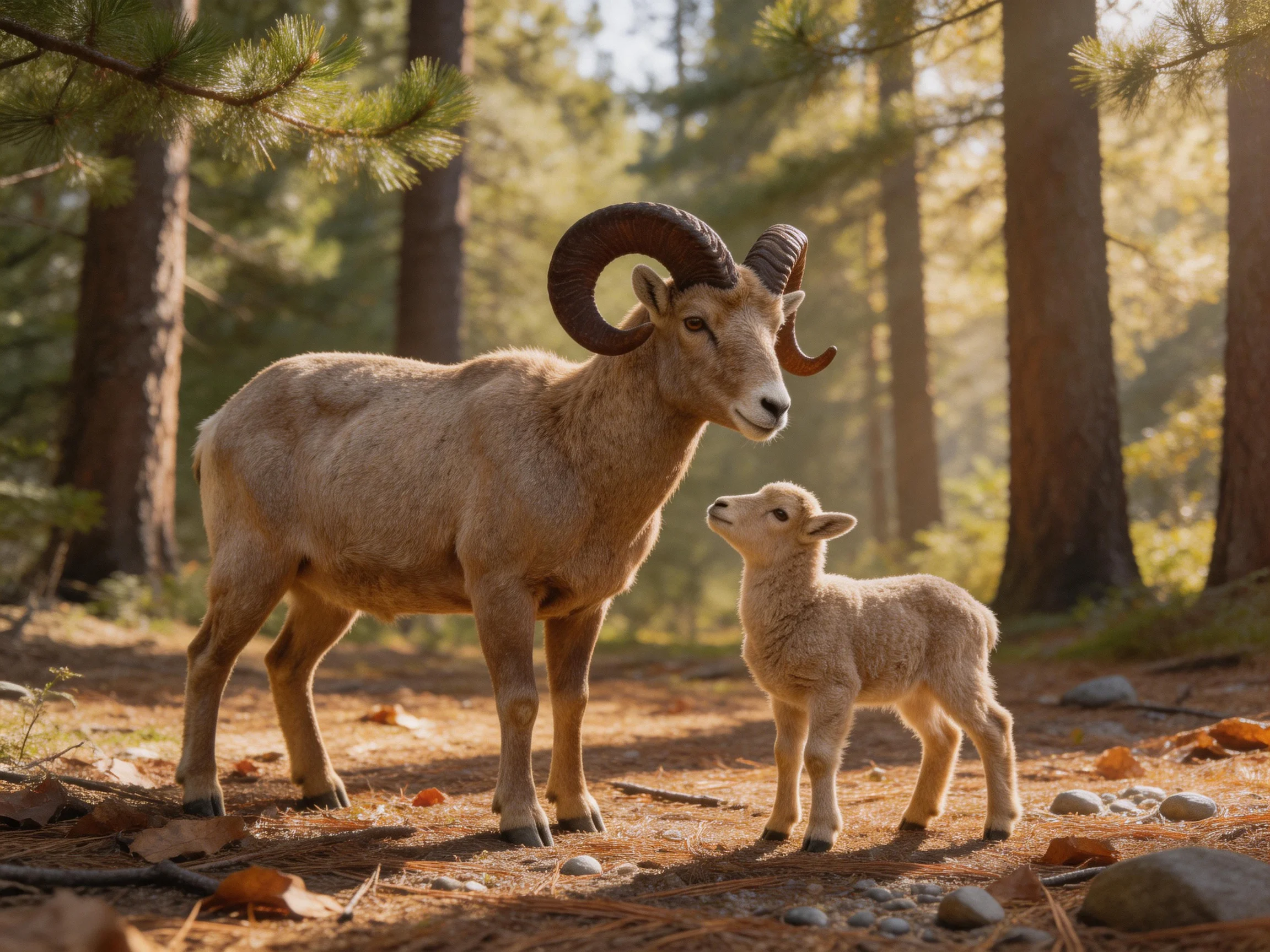 A large horned ram and young lamb in a sunlit forest