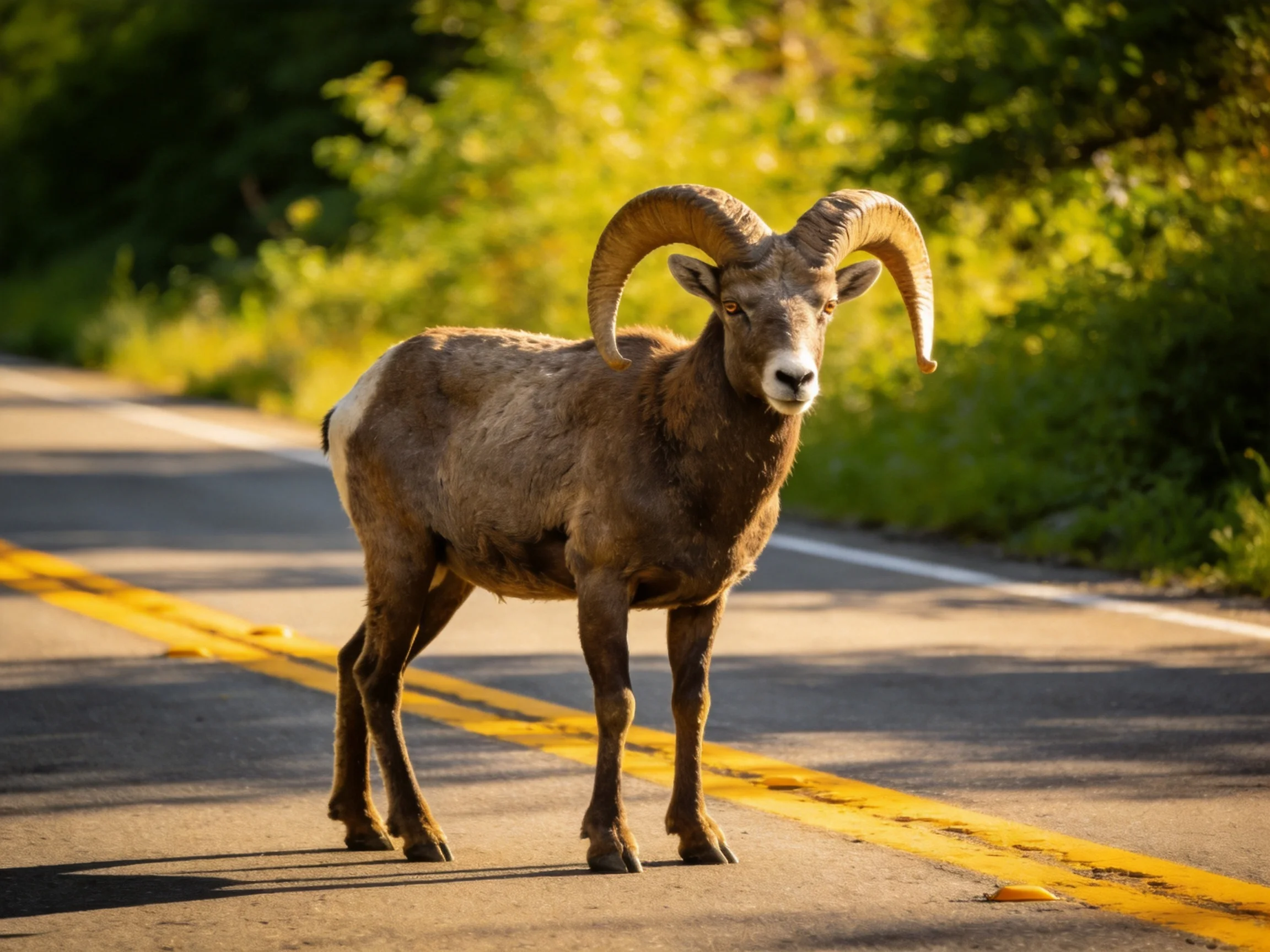 A large horned ram stands on a sunlit paved road near dense greenery