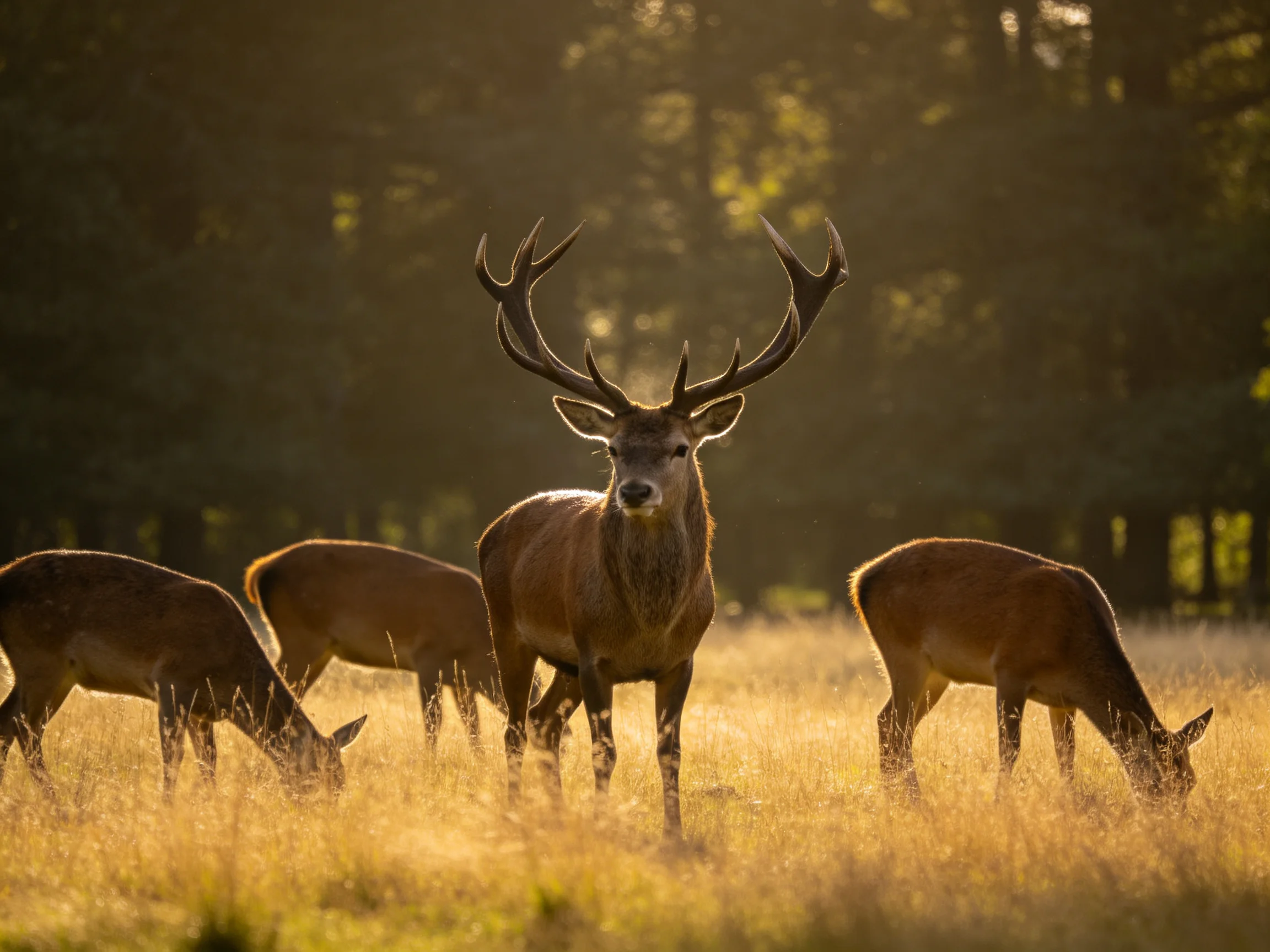 Four deer graze near a large-horned stag in a sunlit meadow