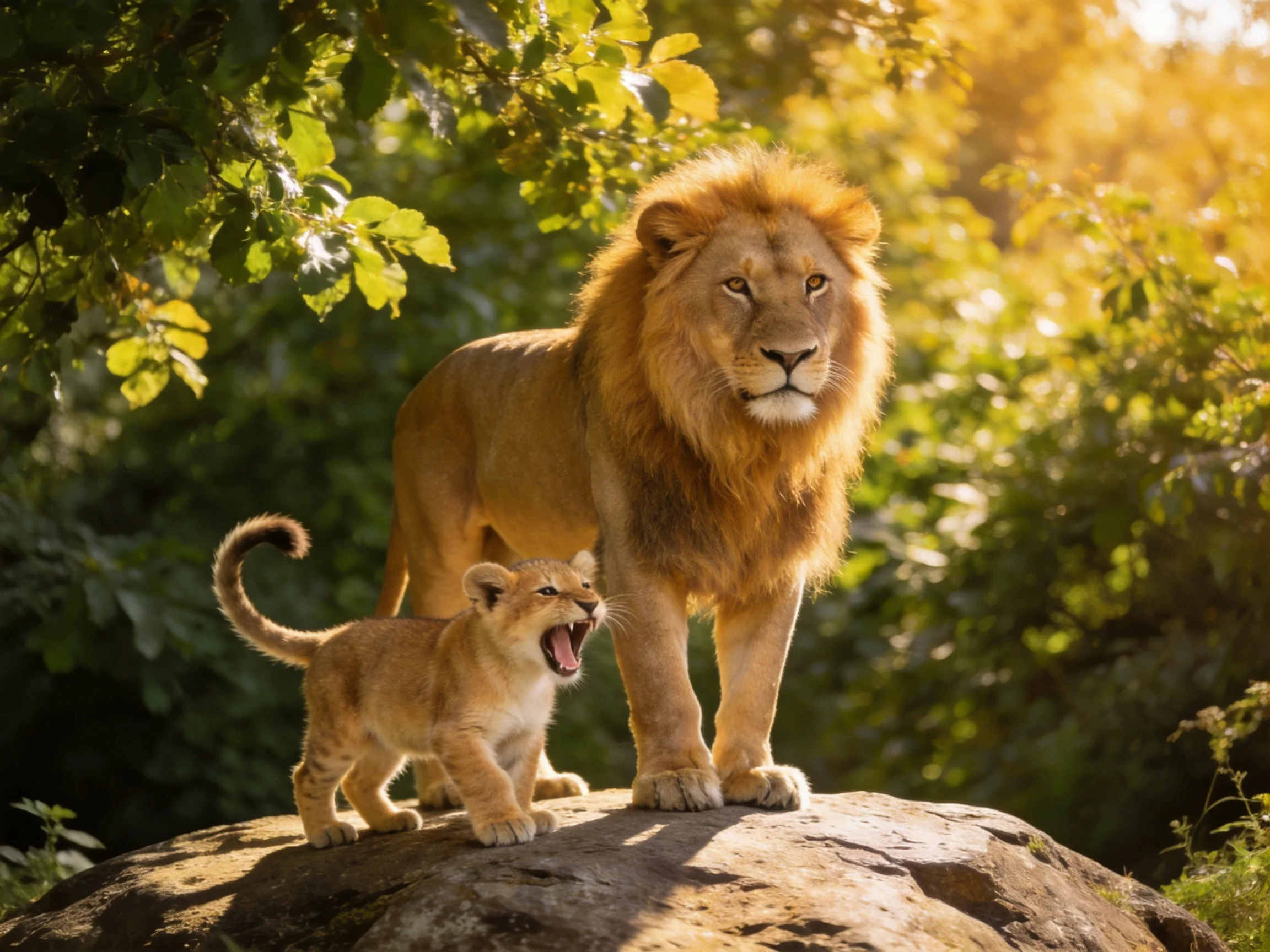 A large lion and cub stand on a rock in greenery