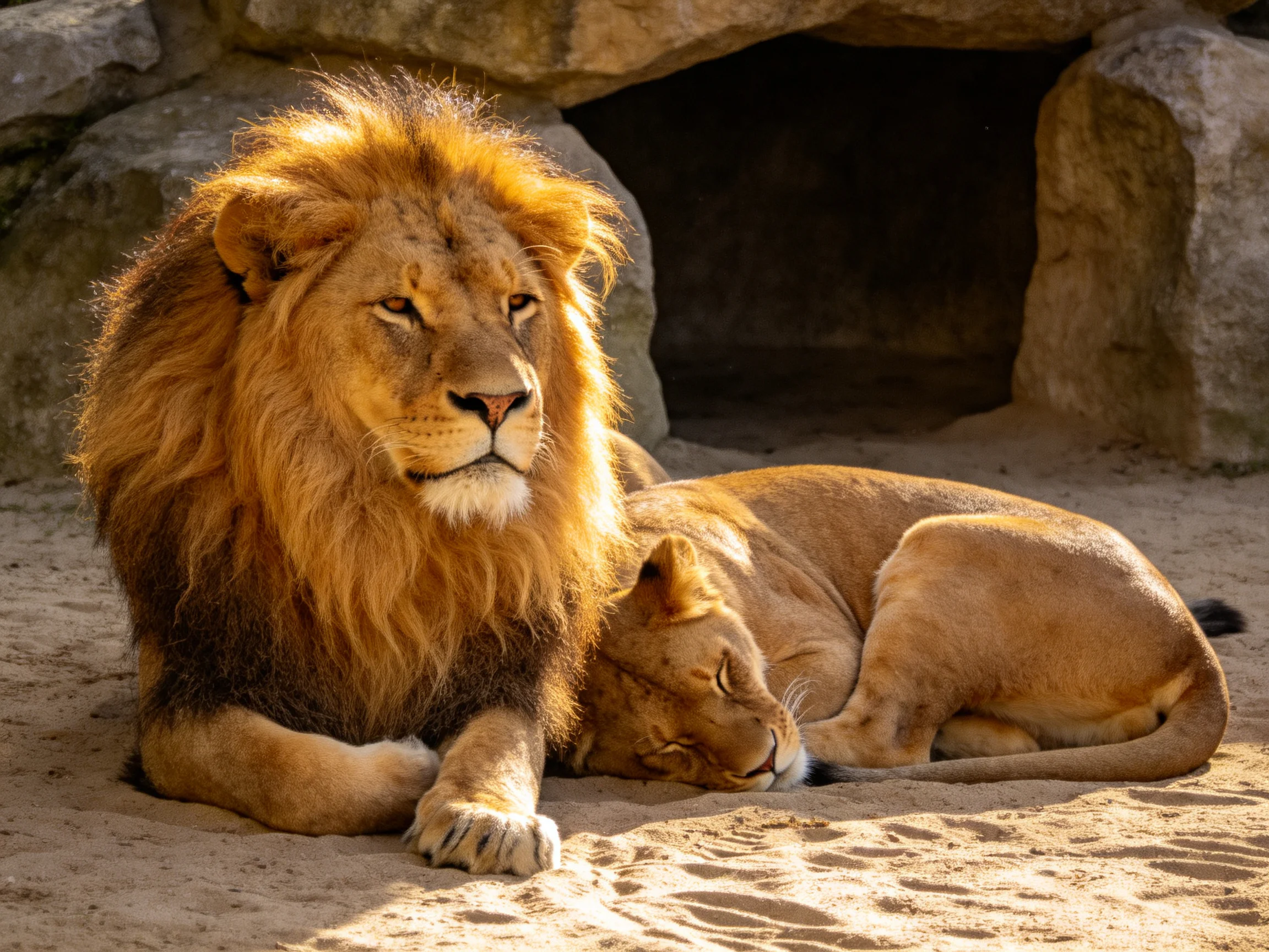 A large lion with golden mane sits next to a sleeping lioness by rocky den