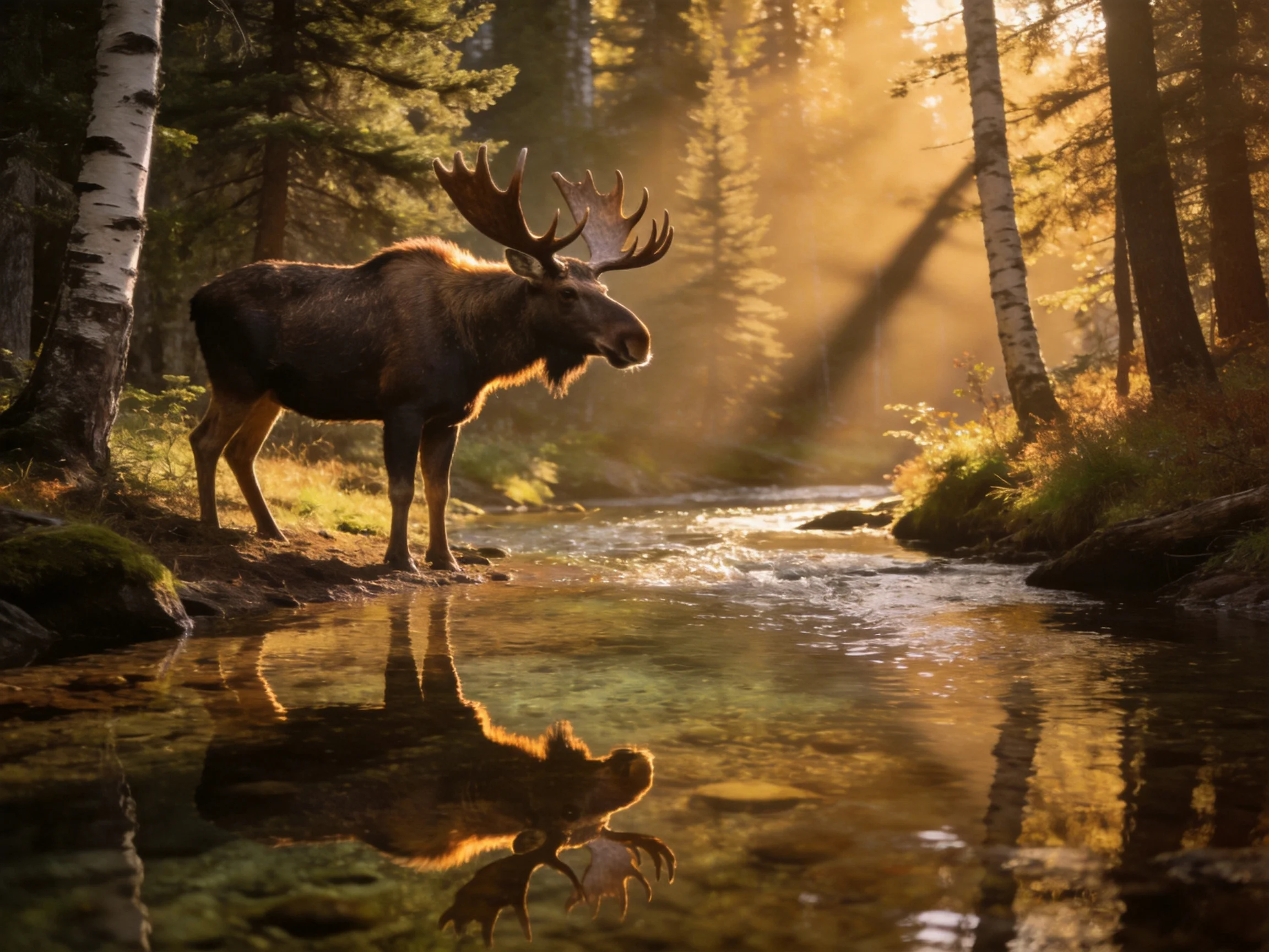 A large moose near a sunlit forest stream