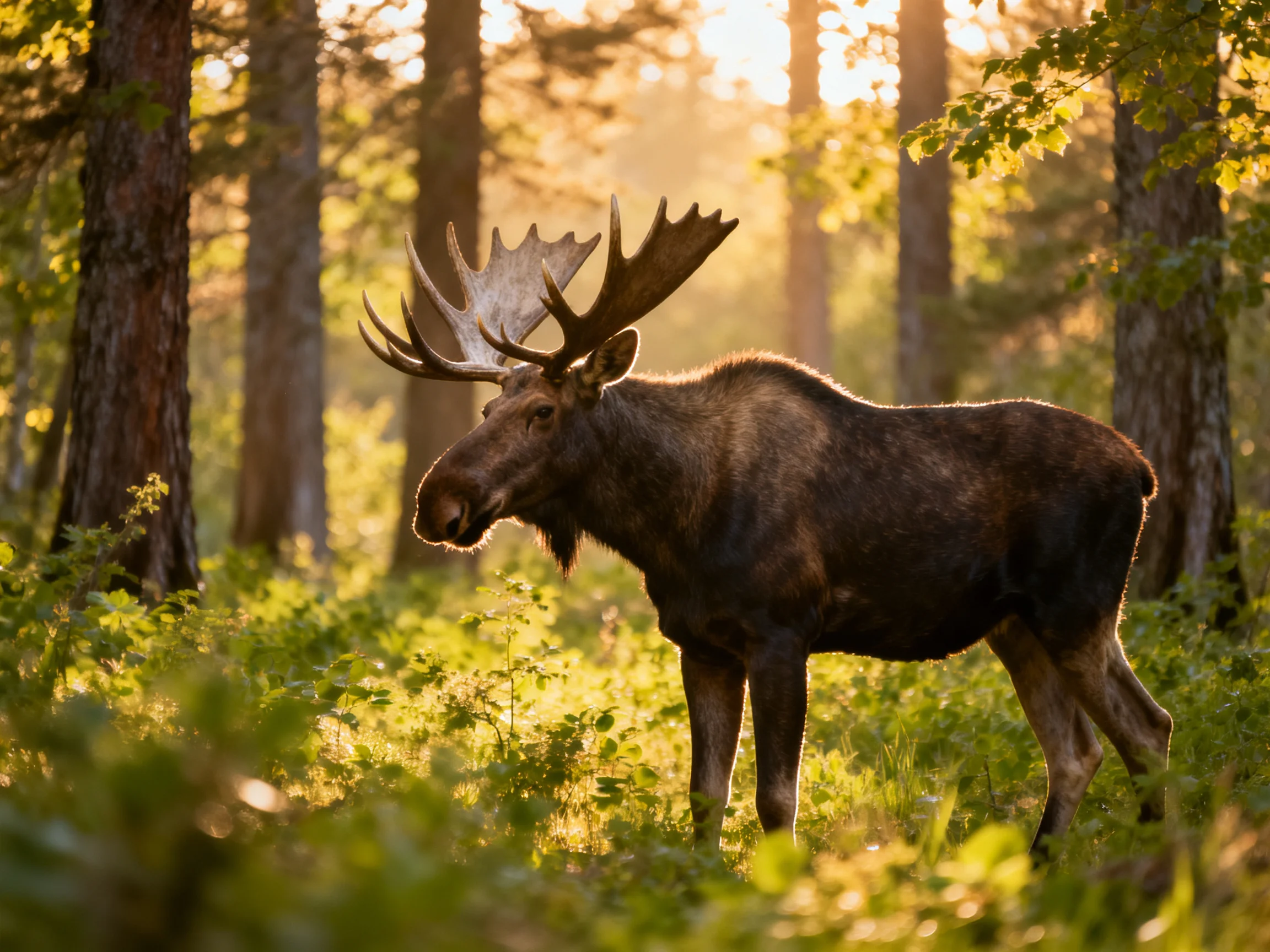A large moose with broad antlers in sunlit woodland