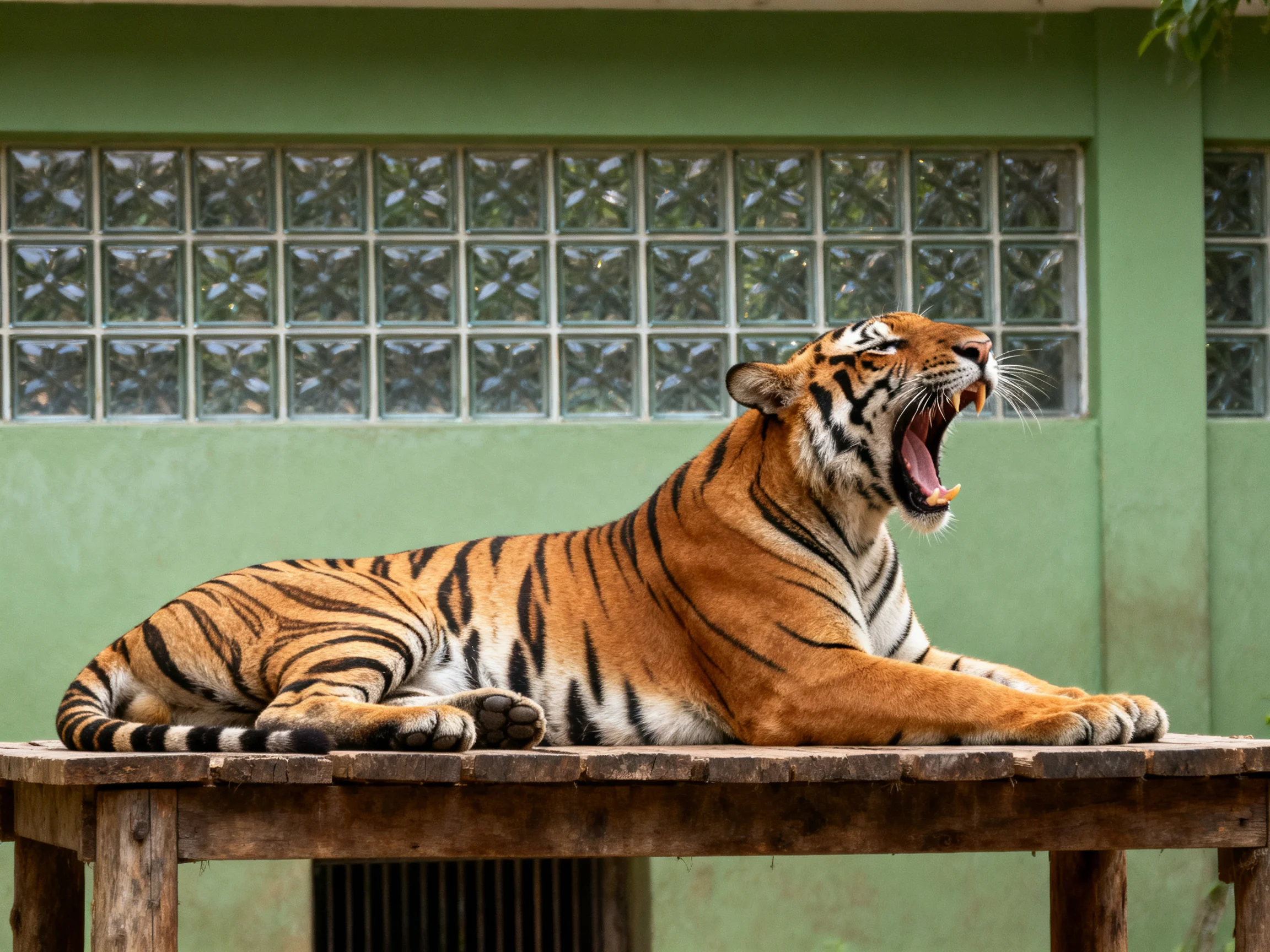A large orange tiger with black stripes rests on a wooden platform.
