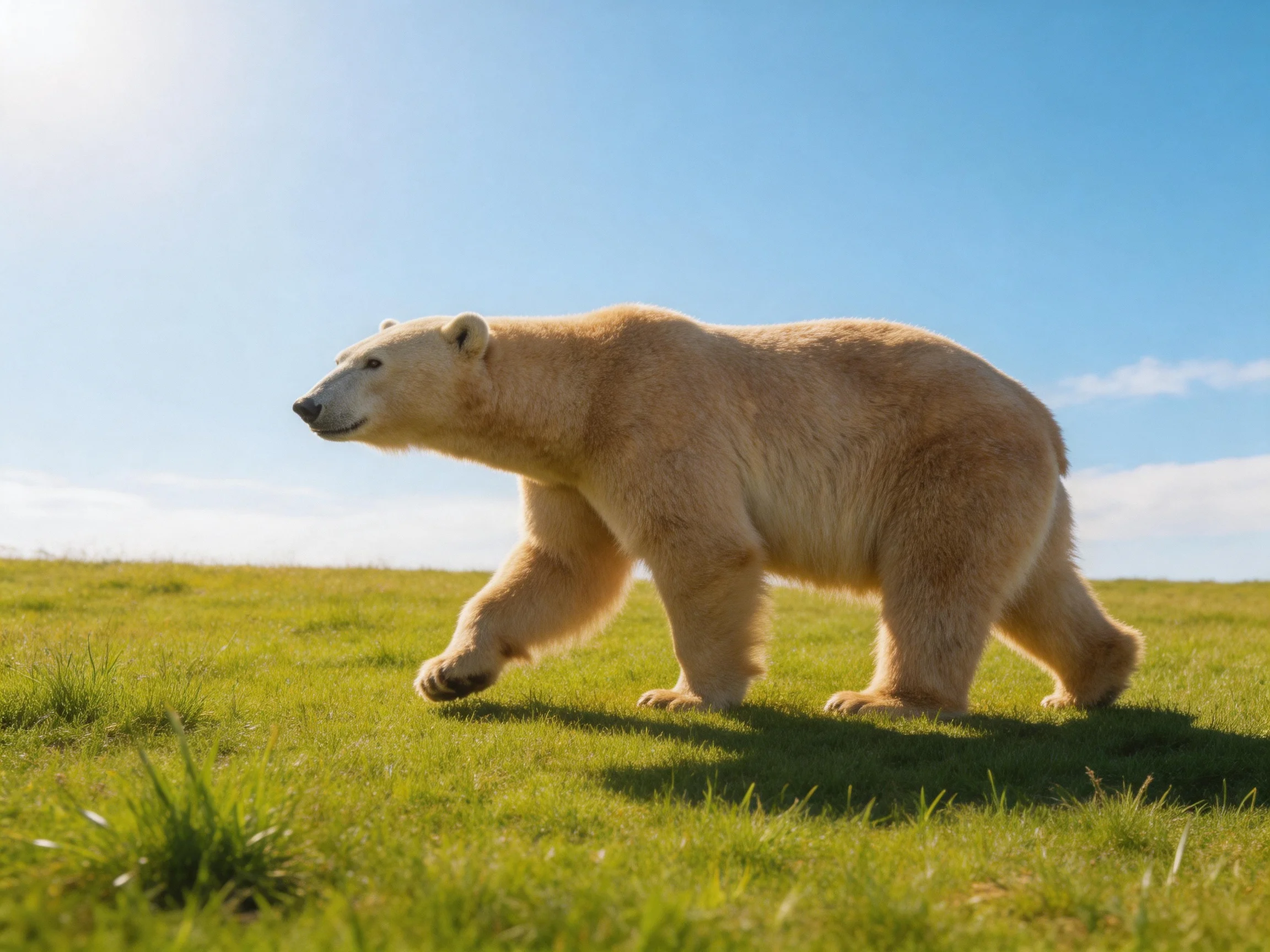 A large polar bear walks across a lush green meadow under bright blue skies