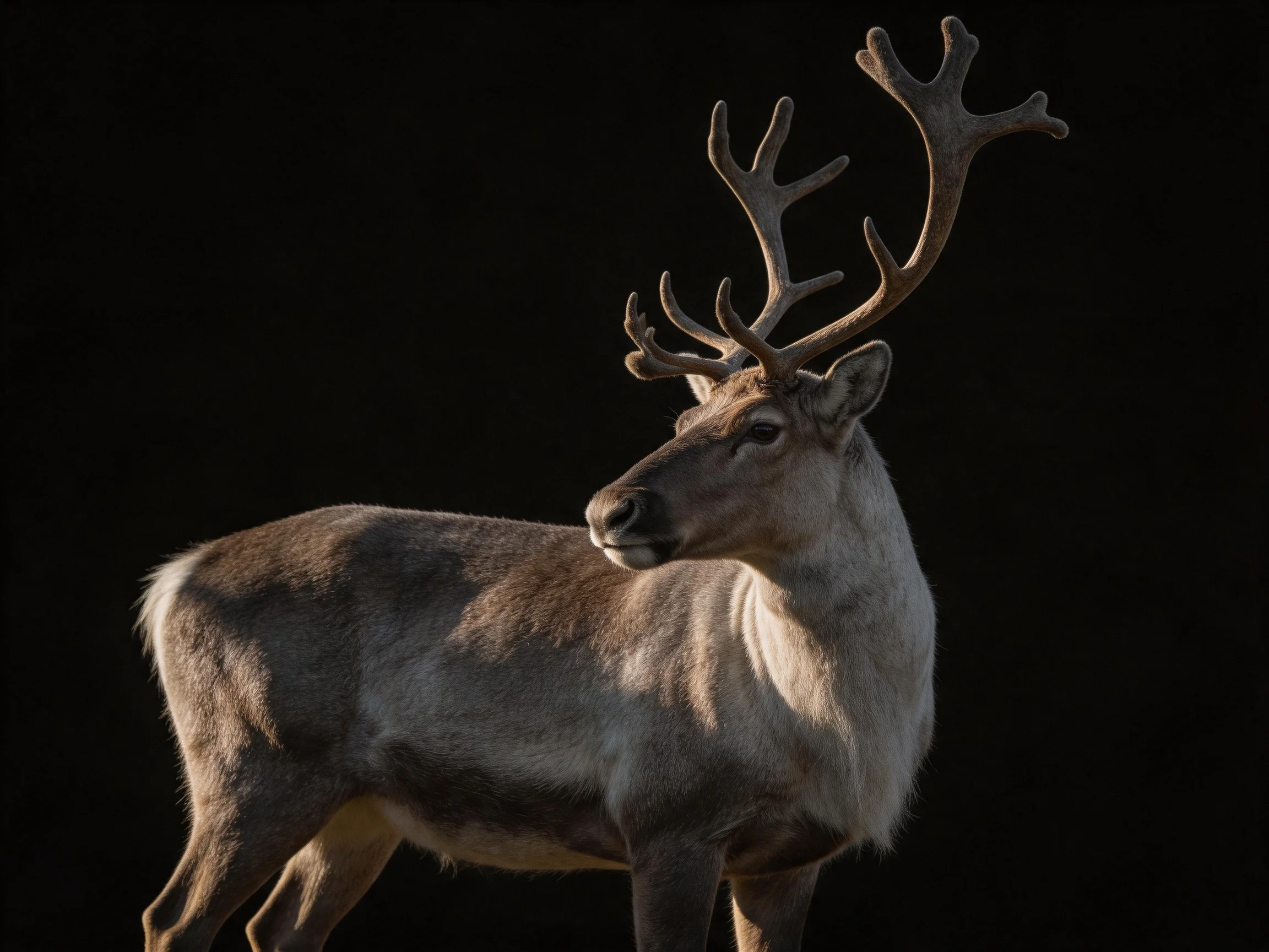 A large reindeer with elaborate antlers stands against a dark backdrop