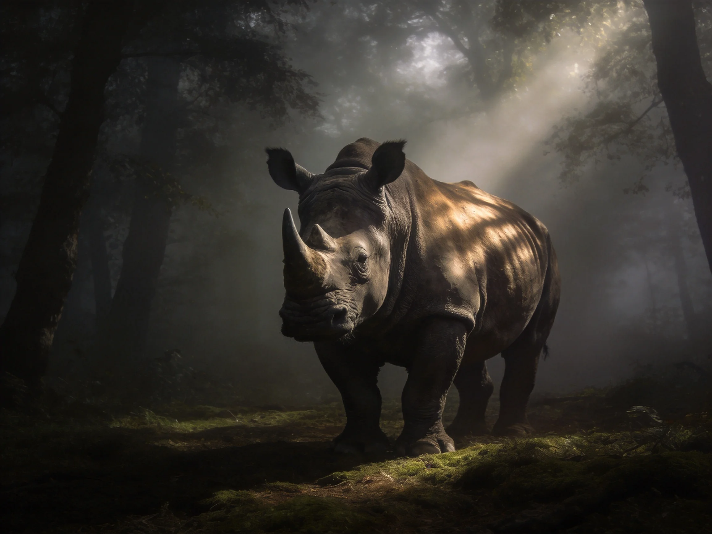 A large rhinoceros stands near a misty, sun-dappled forest clearing
