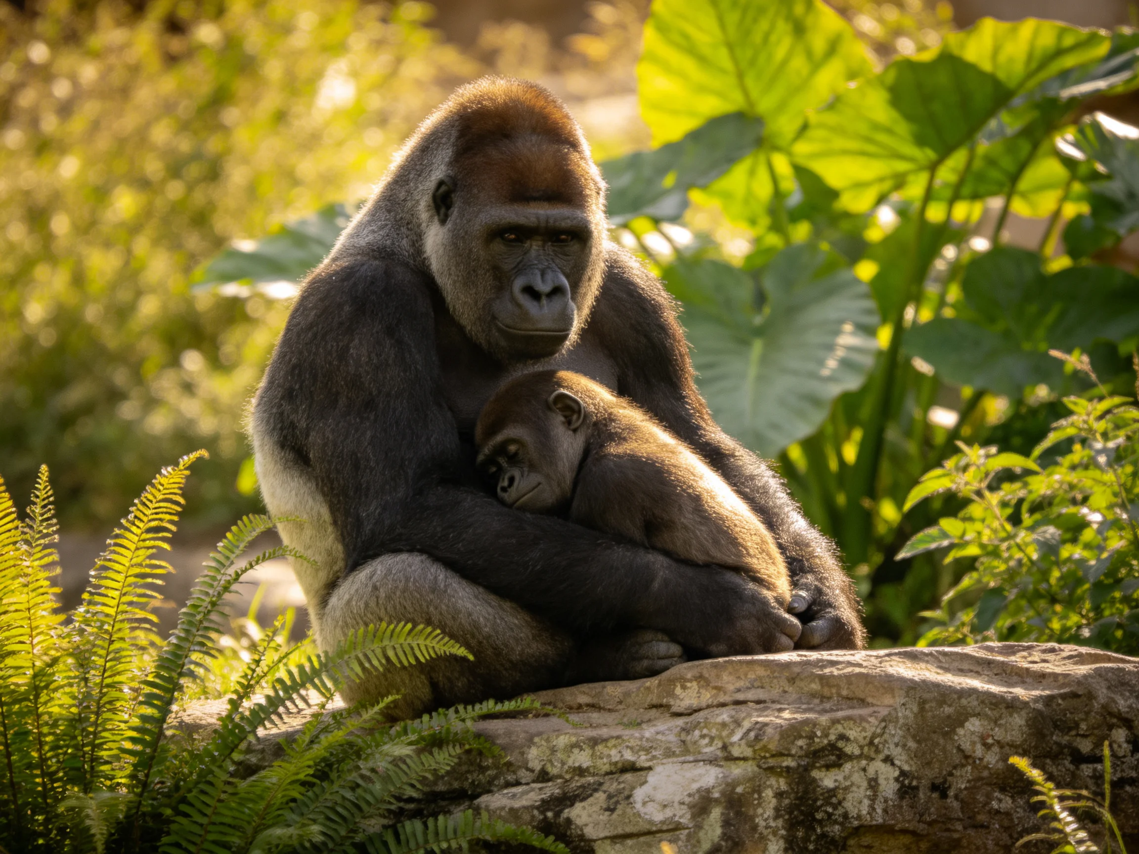 A large silverback gorilla cradles a young gorilla amid lush greenery