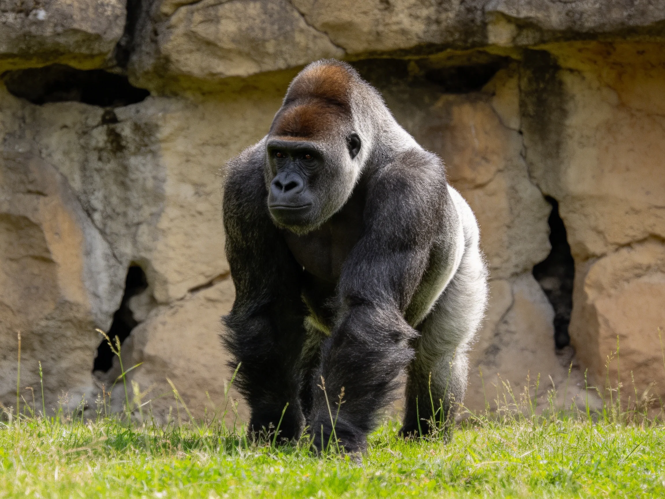 A large silverback gorilla near a rocky enclosure with green grass