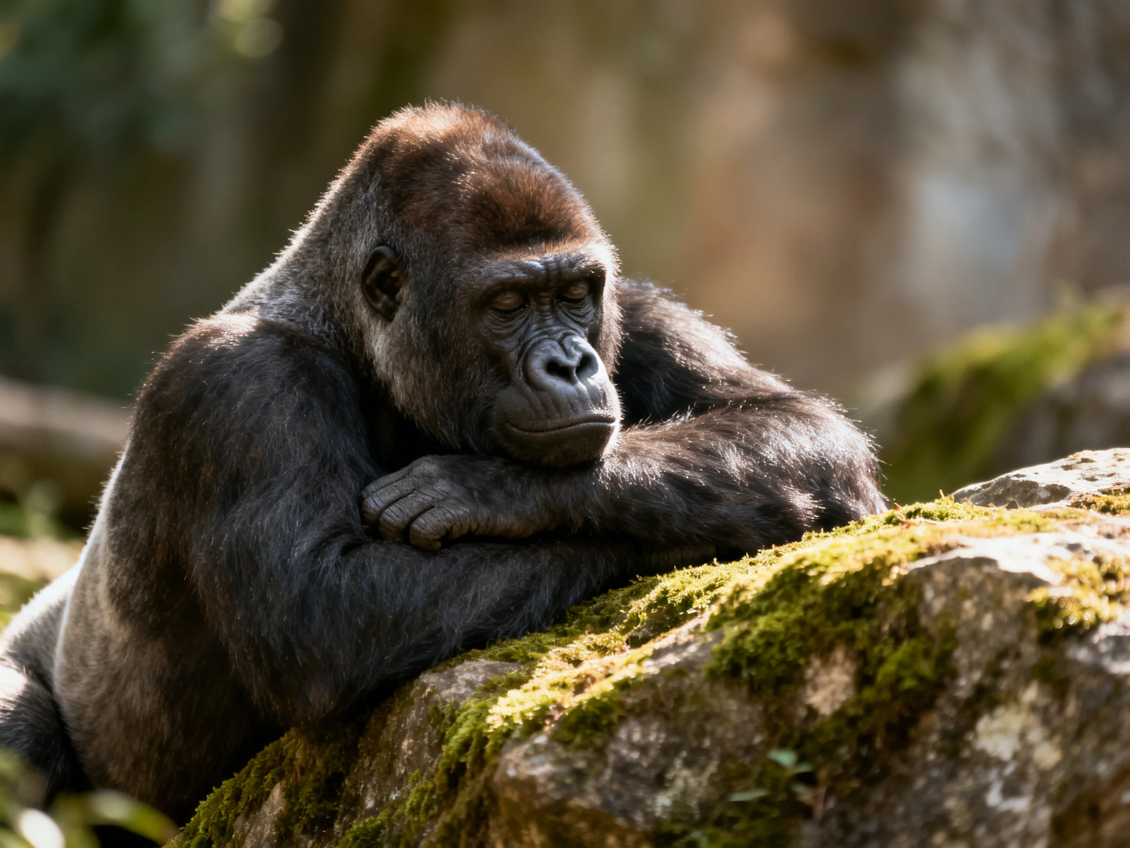A silverback gorilla rests calmly on a mossy rock in a sunlit area.
