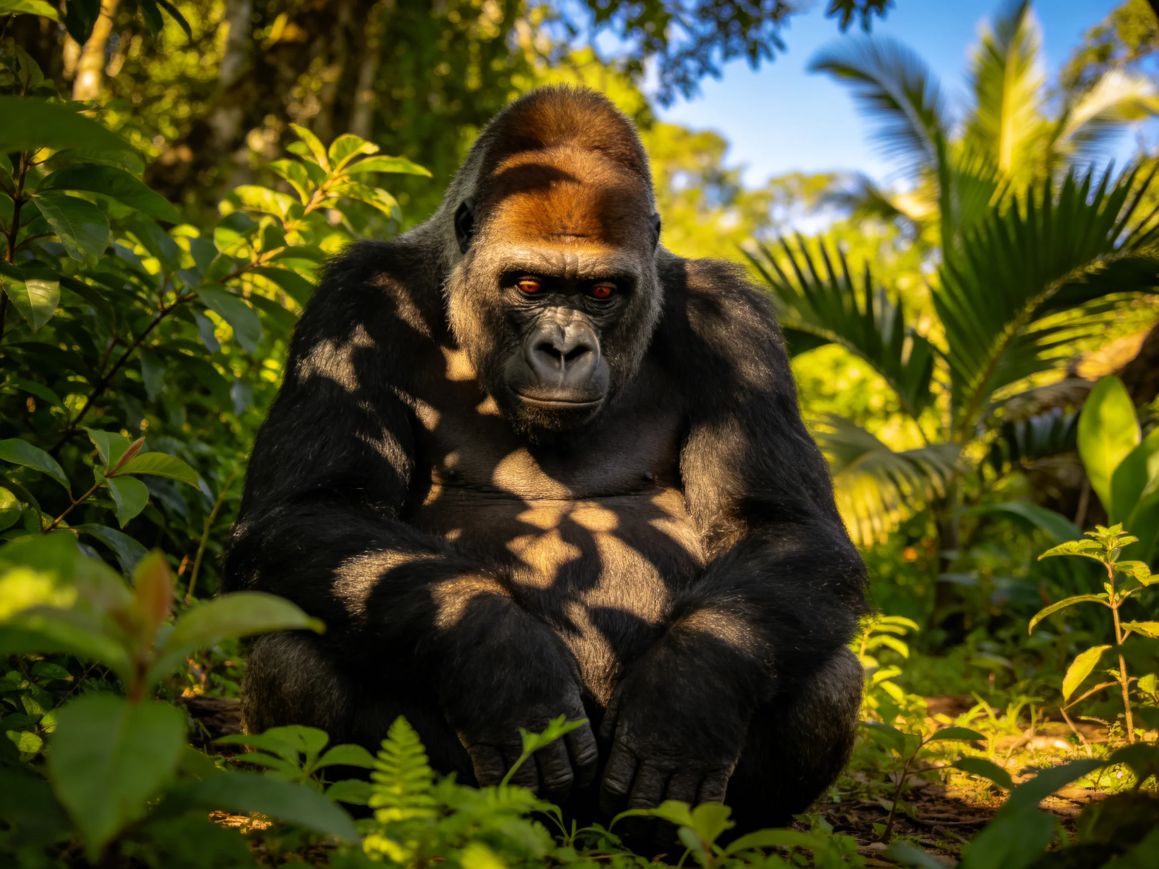 A silverback gorilla rests quietly among lush green vegetation in a sunlit forest.