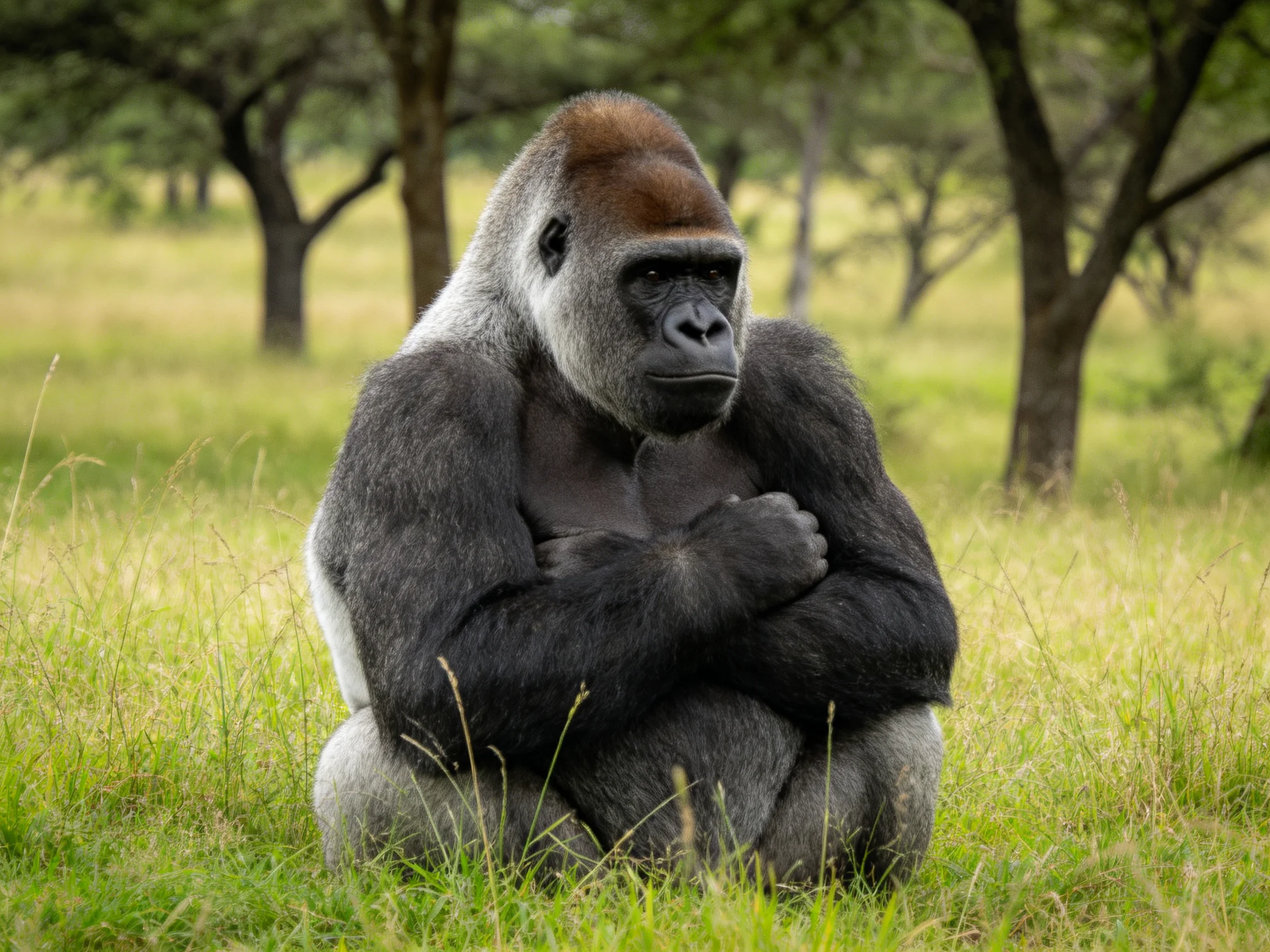 A large silverback gorilla sits contemplatively in a grassy savannah