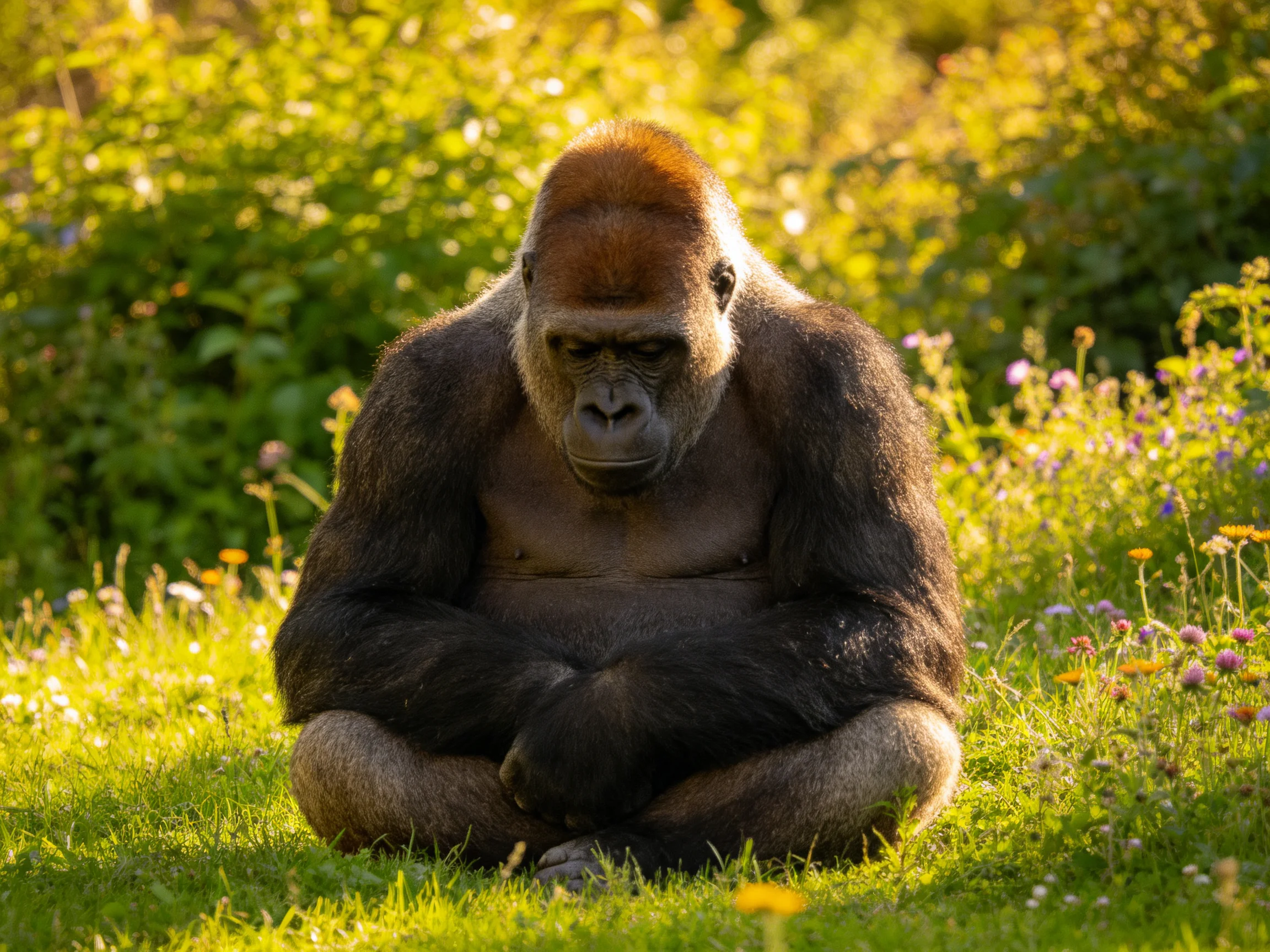 A large gorilla sits cross-legged outdoors surrounded by greenery and flowers.