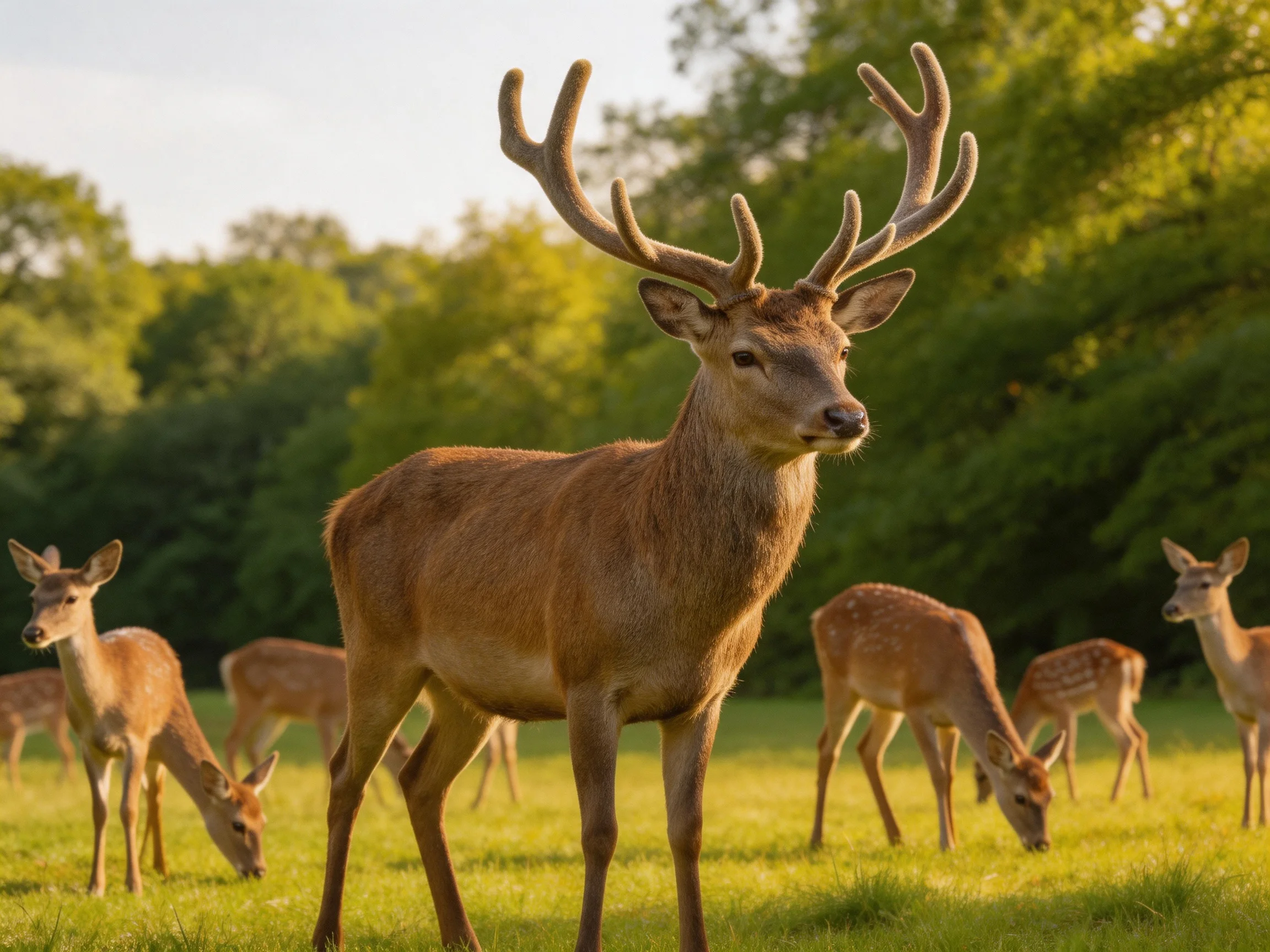 Deer gather in a sunlit meadow with a large stag