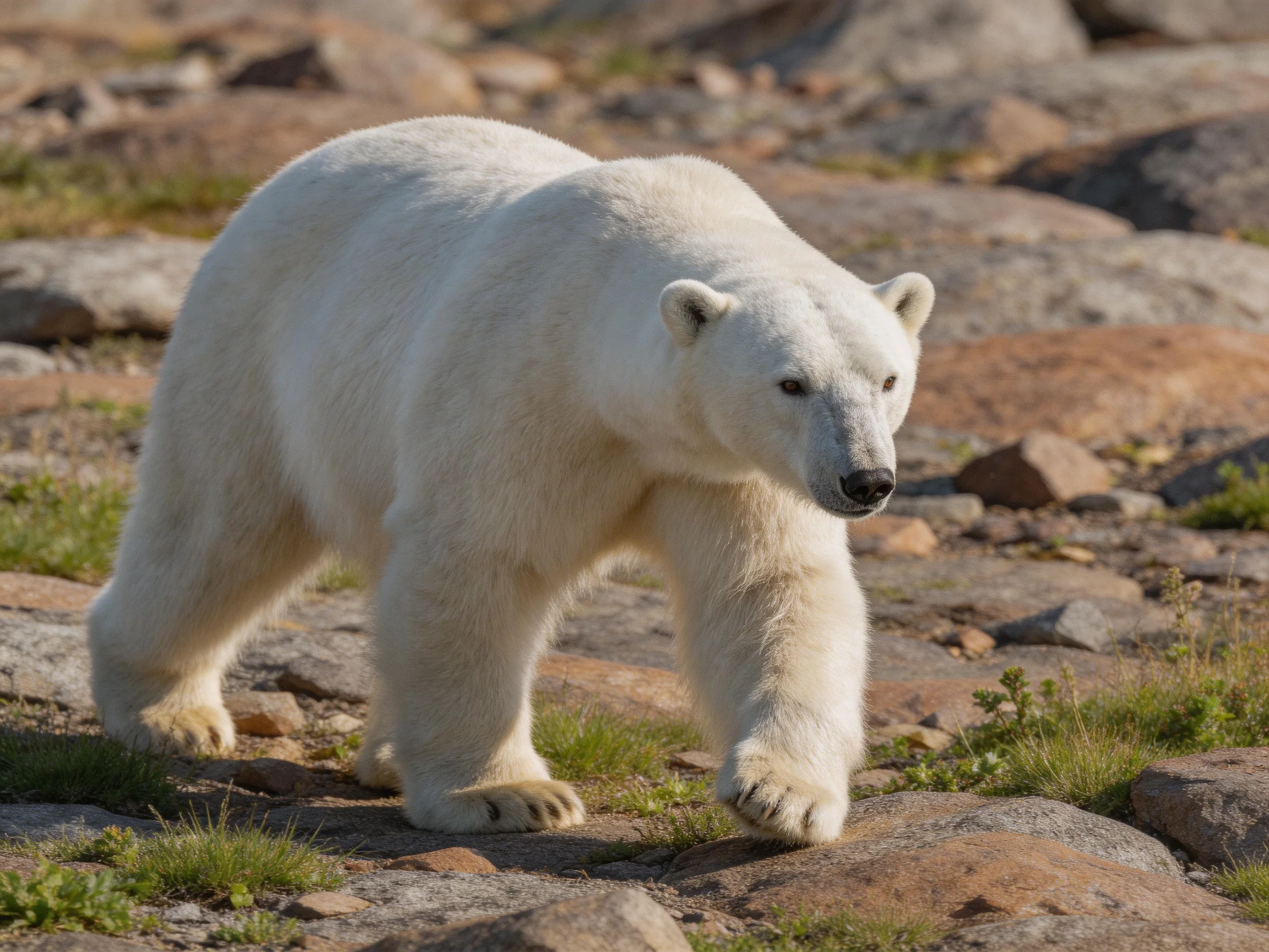 A large white polar bear walks on rocky terrain with scattered vegetation