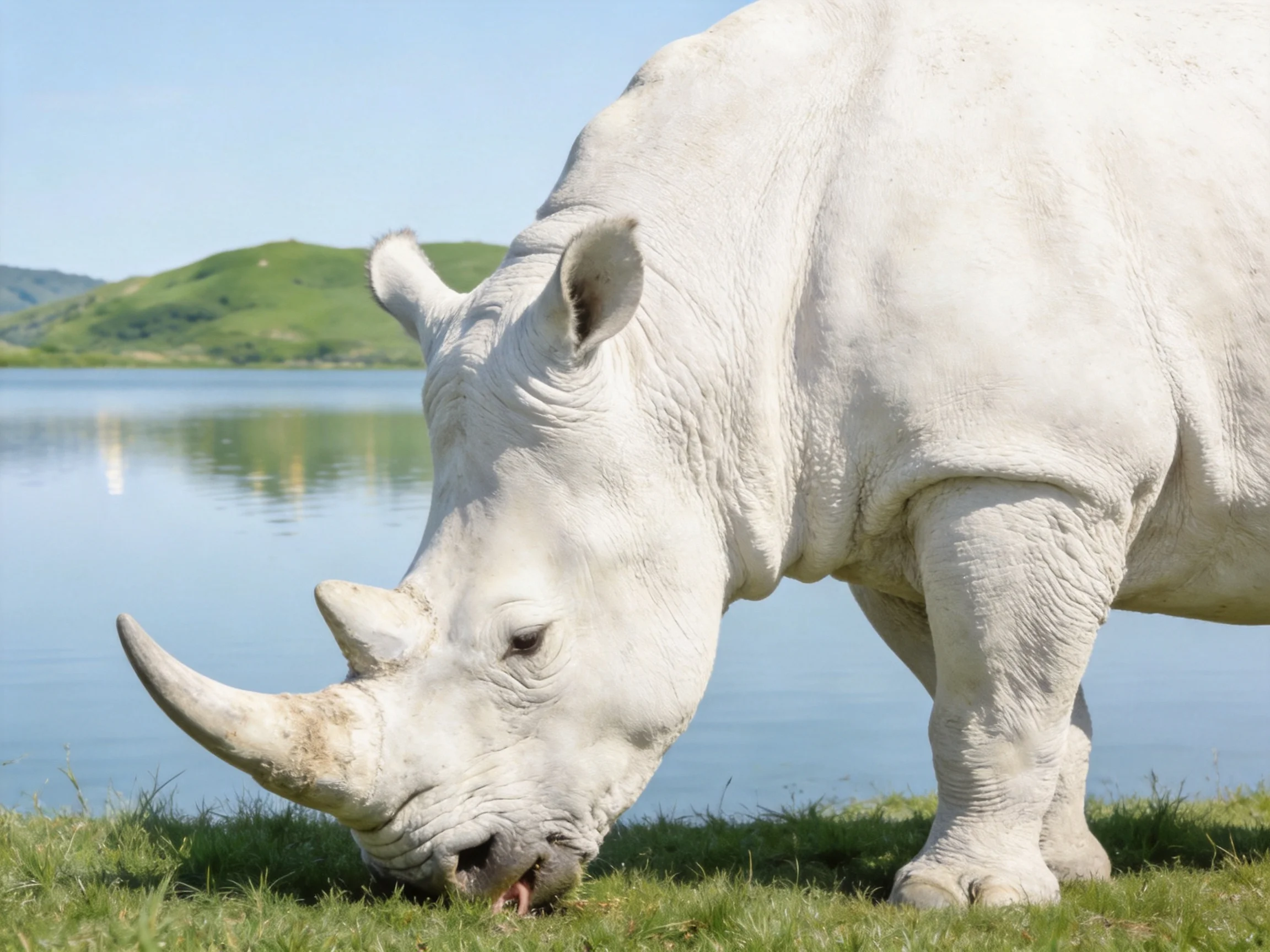 A large white rhinoceros grazing near calm waters and green hills