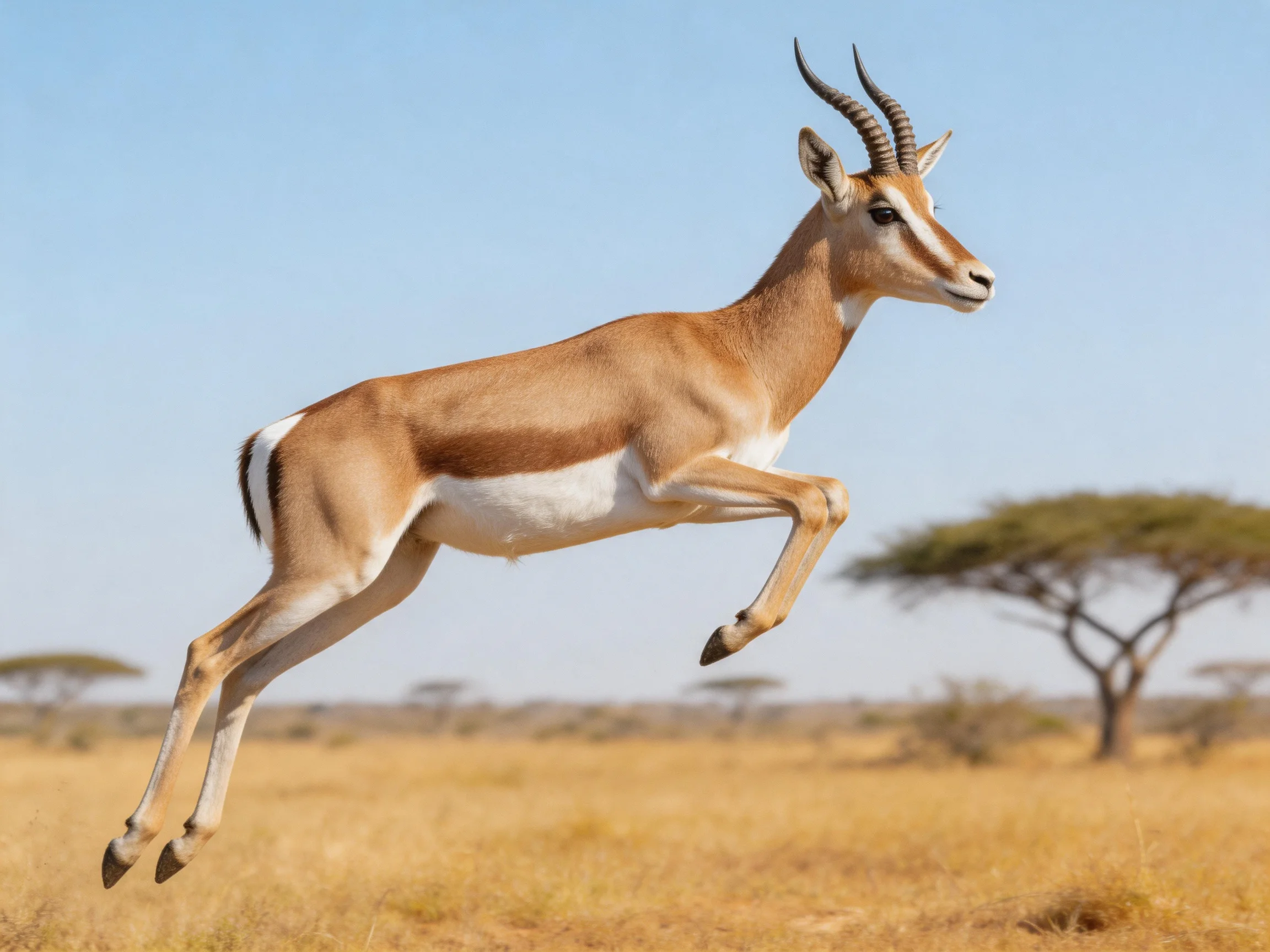 A leaping antelope with brown coat and savannah backdrop