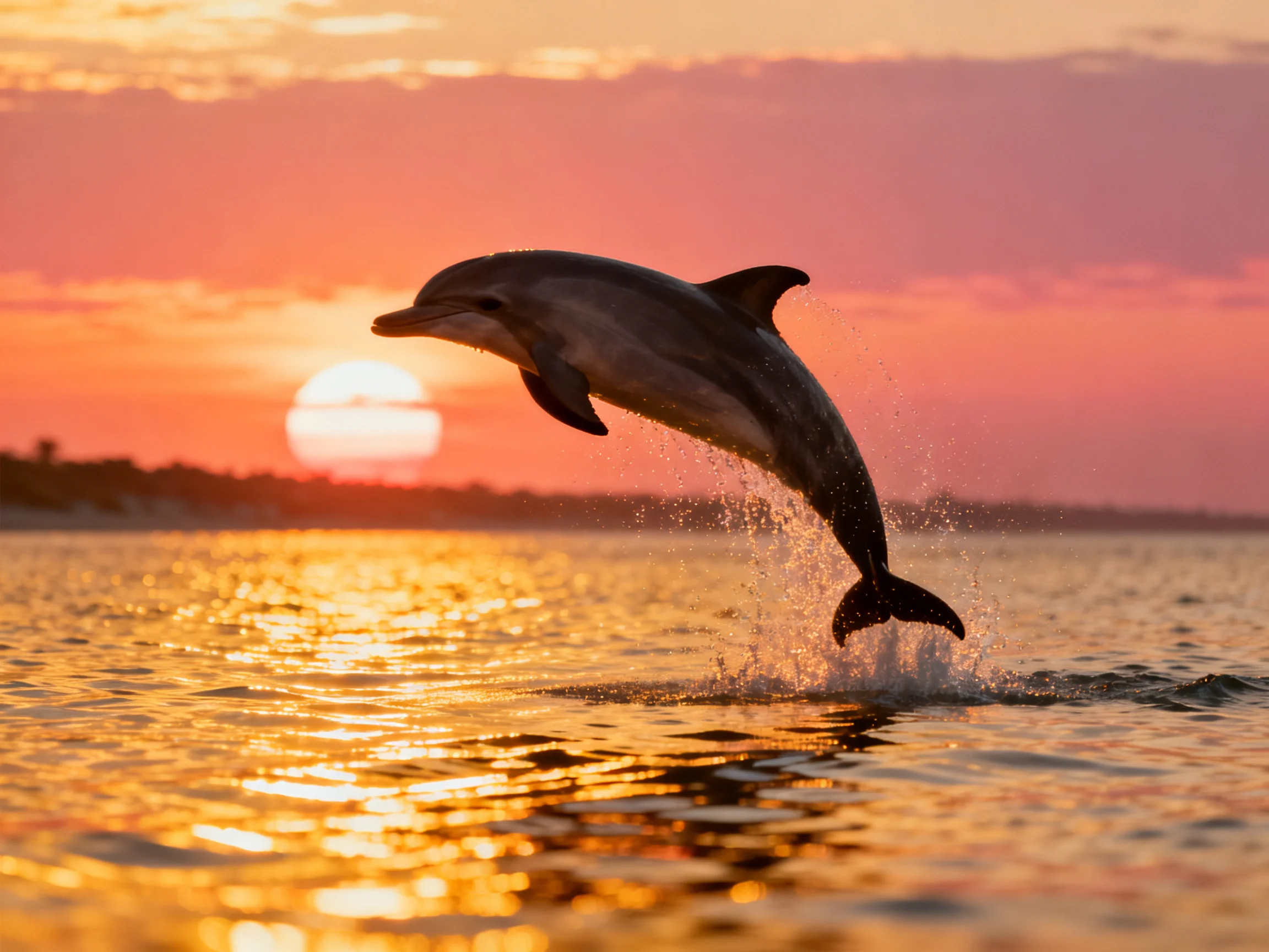 A leaping dolphin amid a vibrant sunset over shimmering water