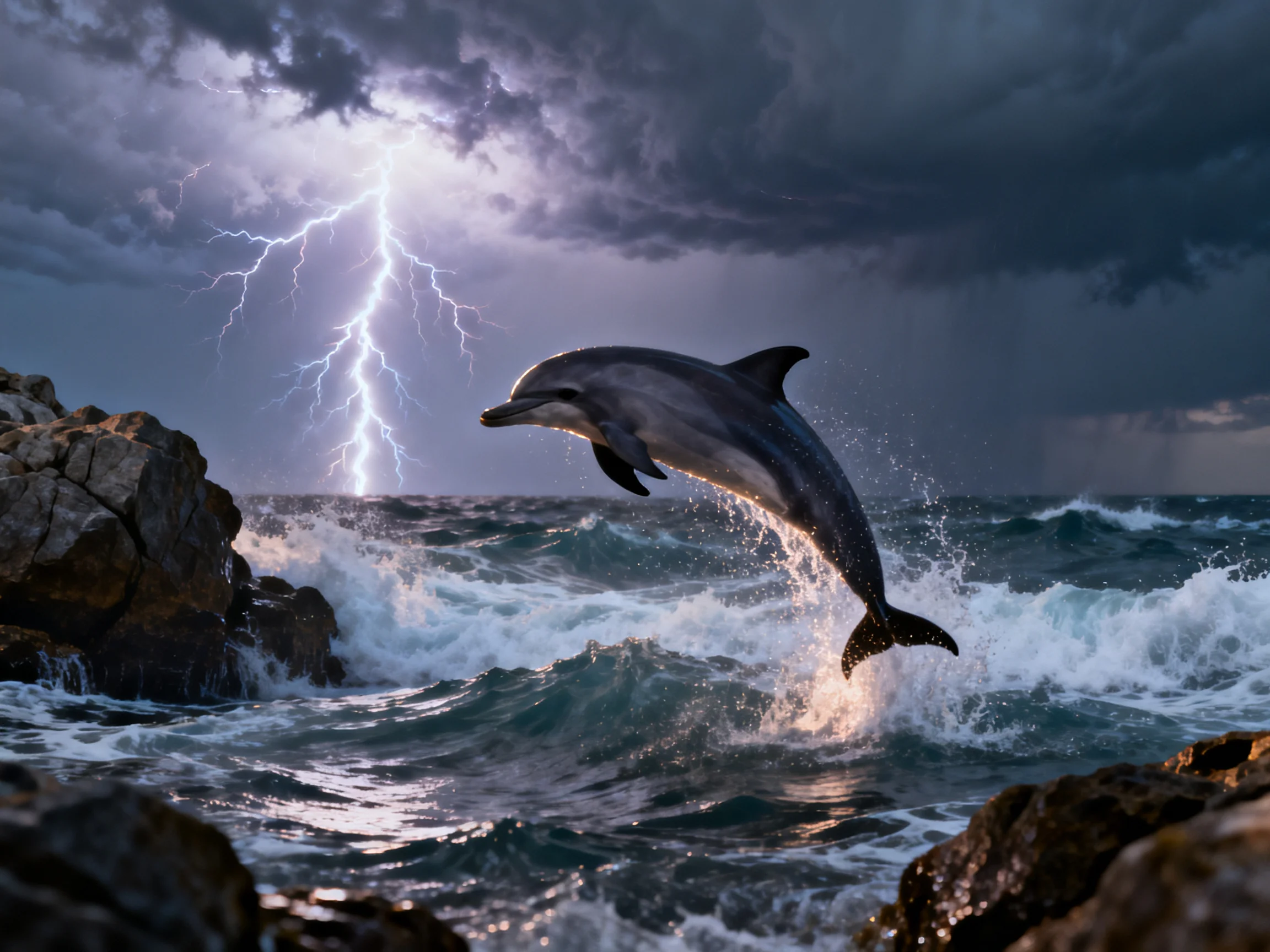 A leaping dolphin amid stormy seas with lightning