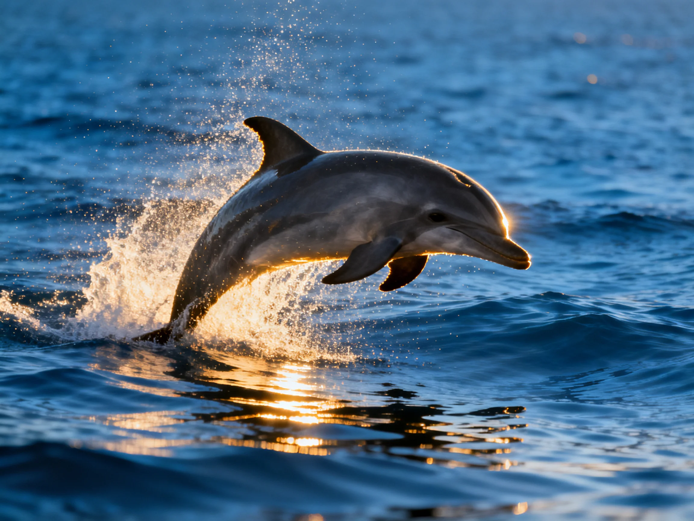 A leaping dolphin illuminated by golden sunlight over deep blue ocean waves