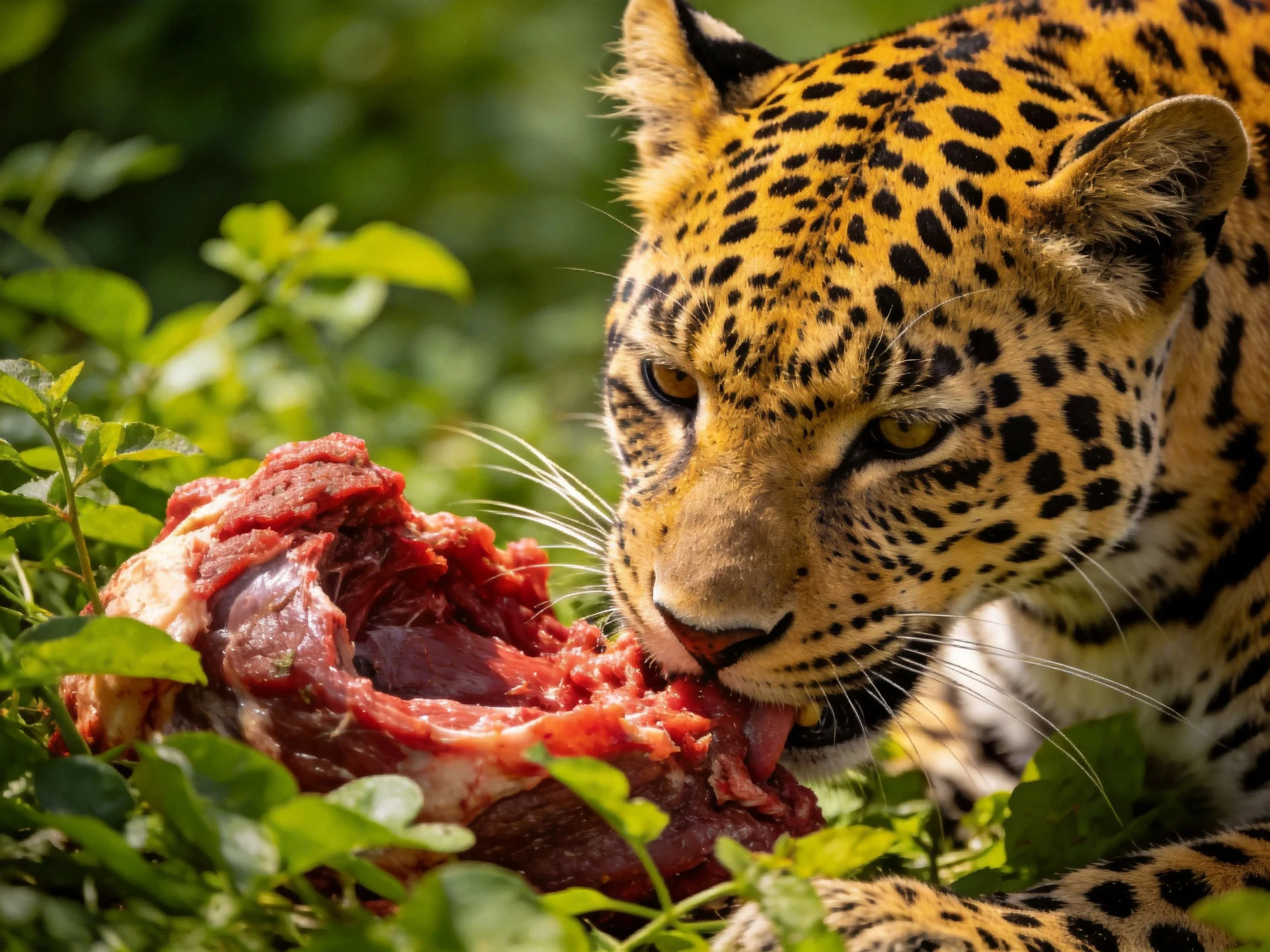 A leopard feeds on raw meat amid lush green foliage