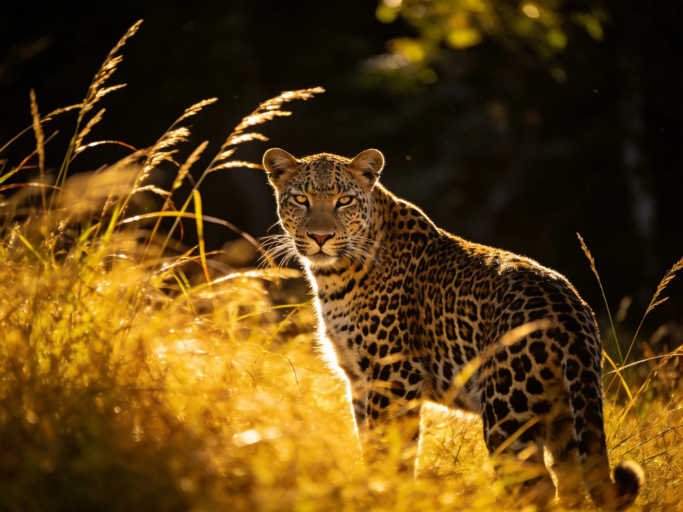 A leopard in golden tall grasses under warm sunlight