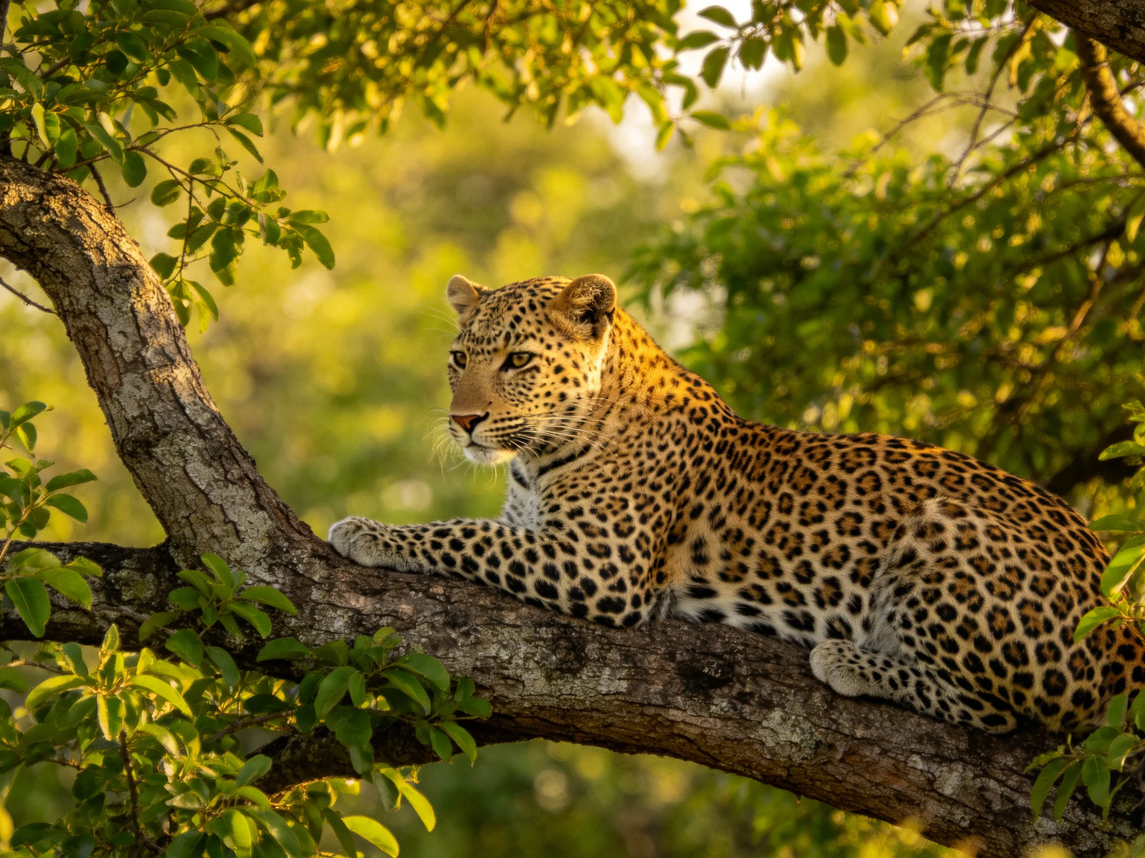 A leopard relaxes on a tree branch in a sunlit forest.