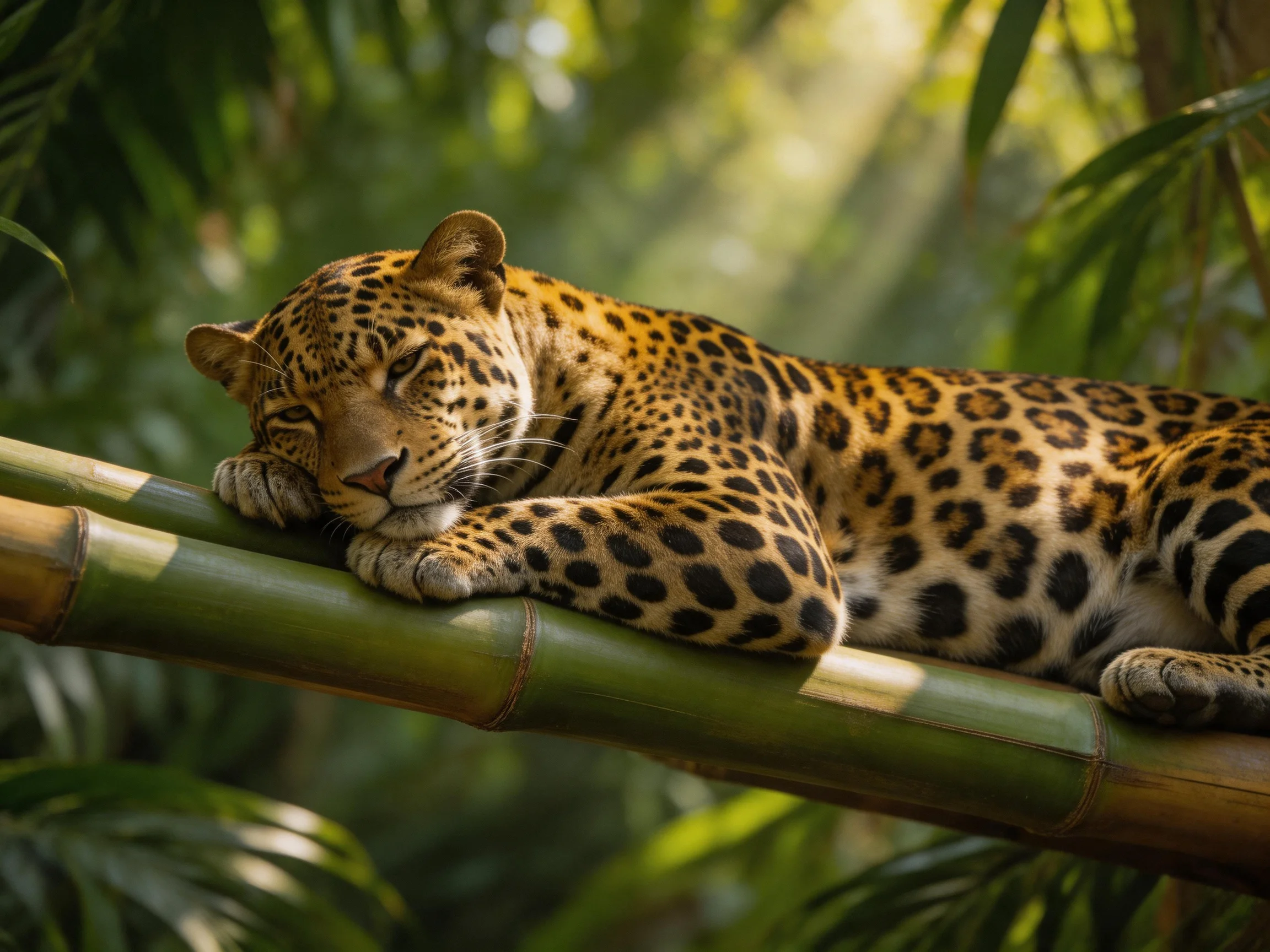 A leopard naps on a thick green bamboo branch in lush tropical surroundings