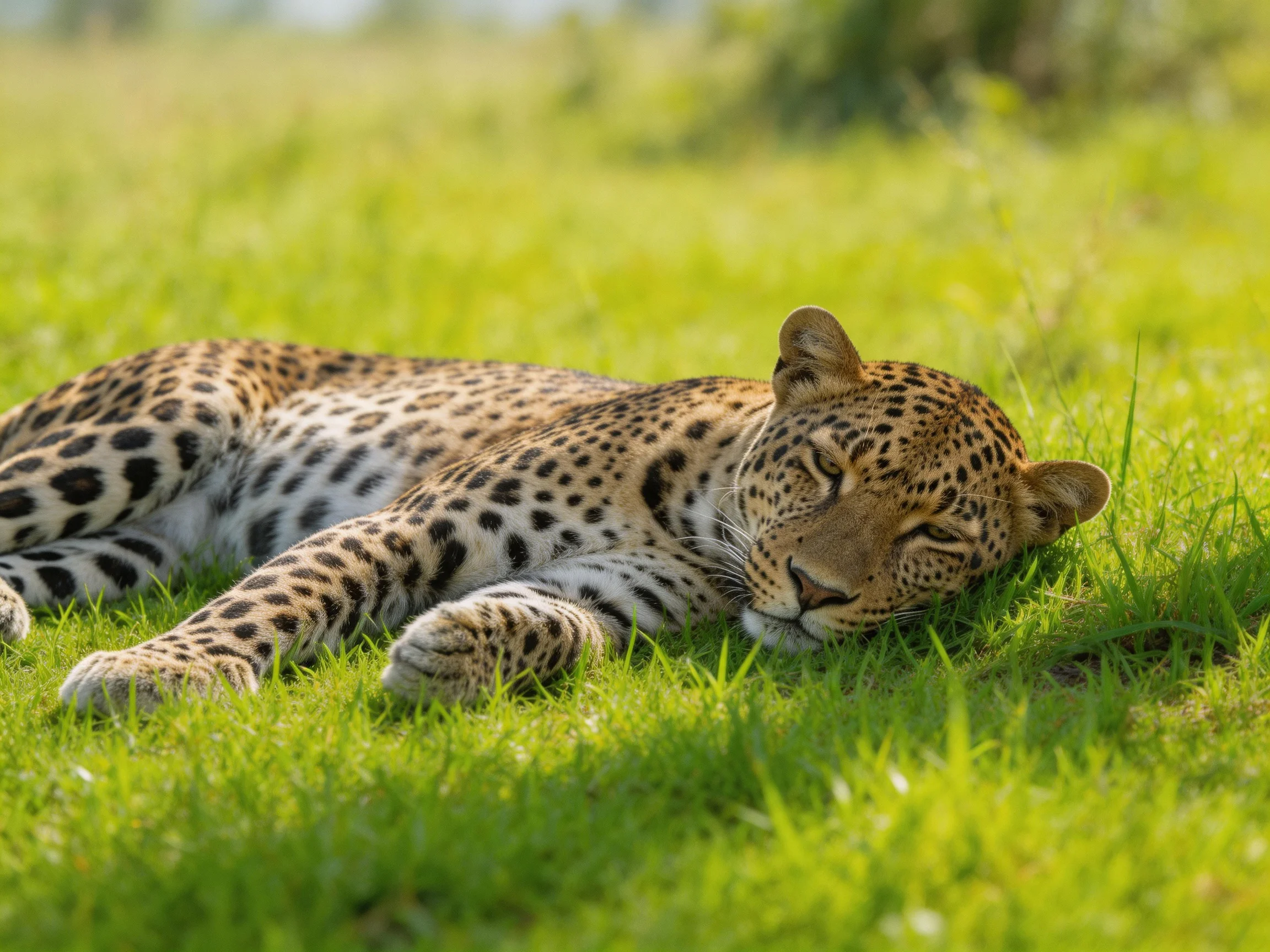 A leopard naps on lush green grass under sunny skies