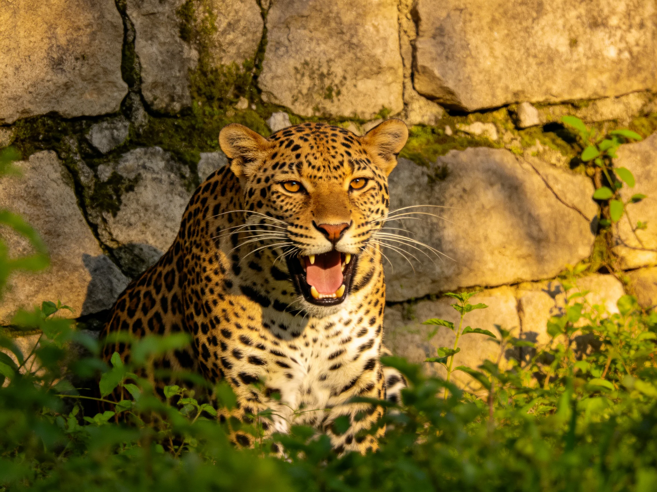 A leopard rests against an aged stone wall with lush green foliage