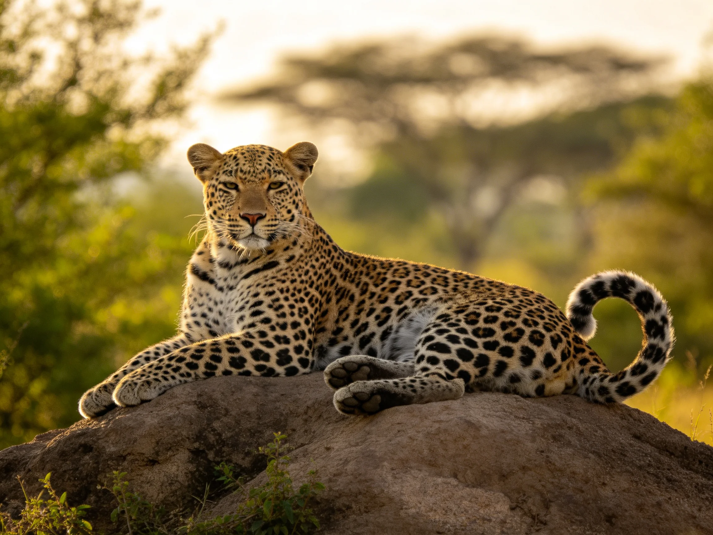 A leopard lounges on a rock in a sunlit savannah landscape
