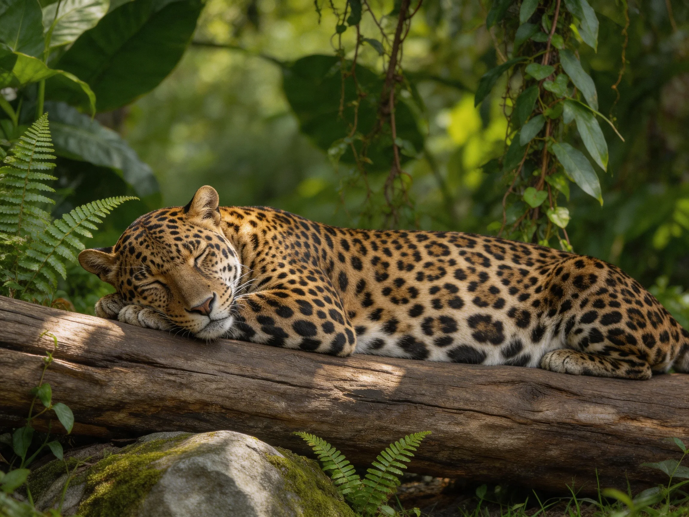 A leopard sleeps on a log surrounded by greenery