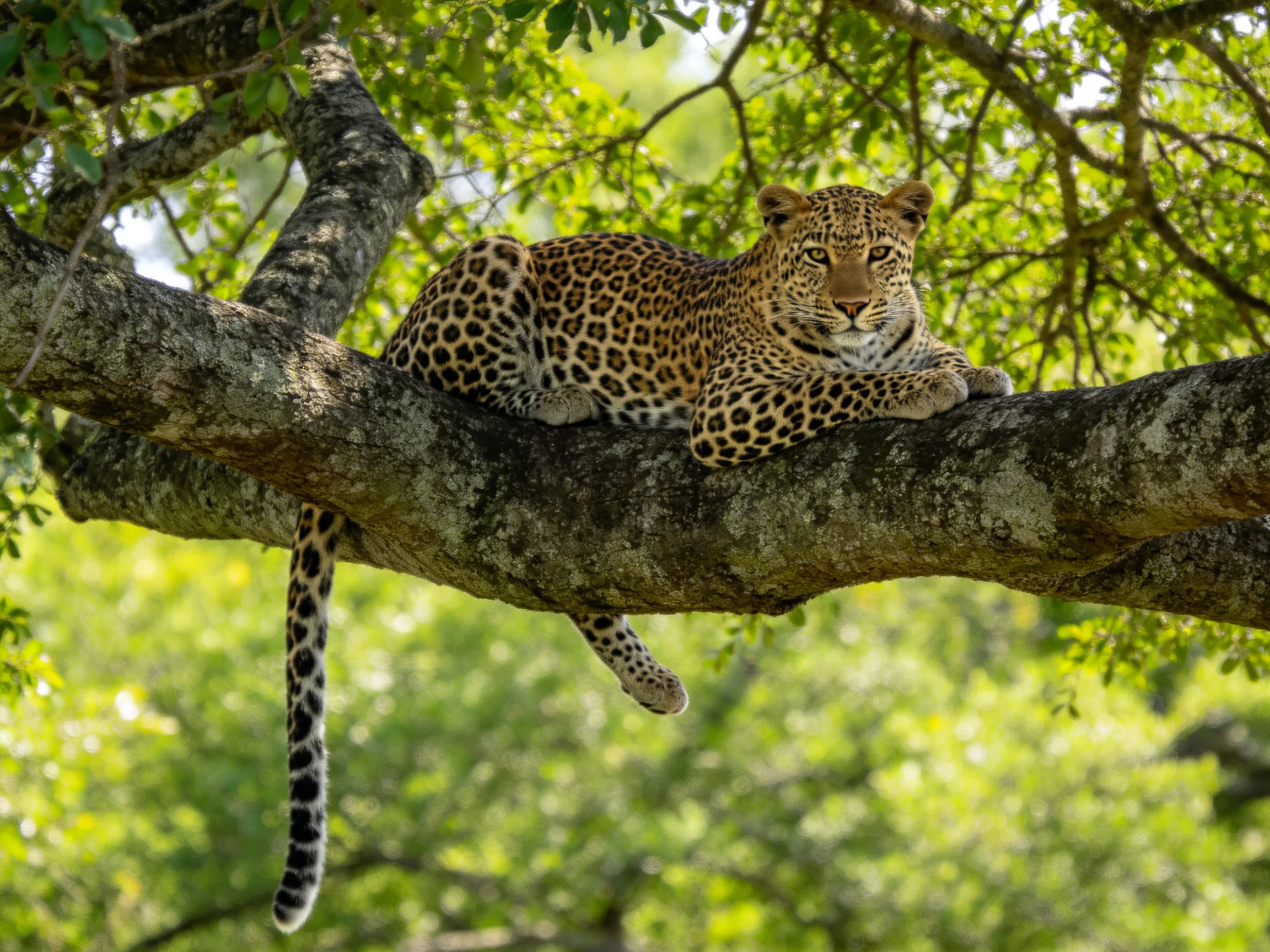 A leopard relaxes on a tree branch in a sunlit forest.