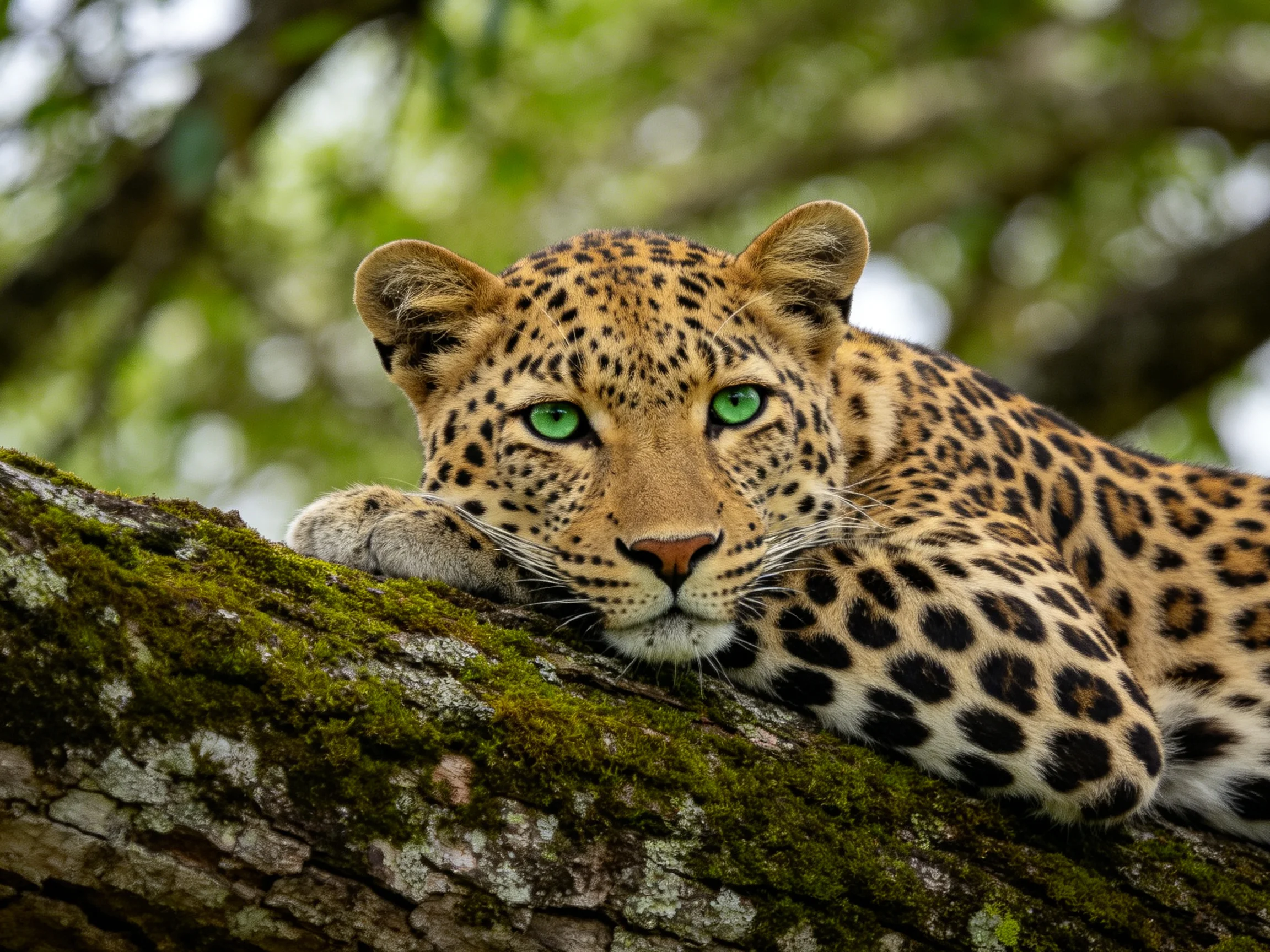 A leopard rests on a moss-covered tree branch with bright green eyes