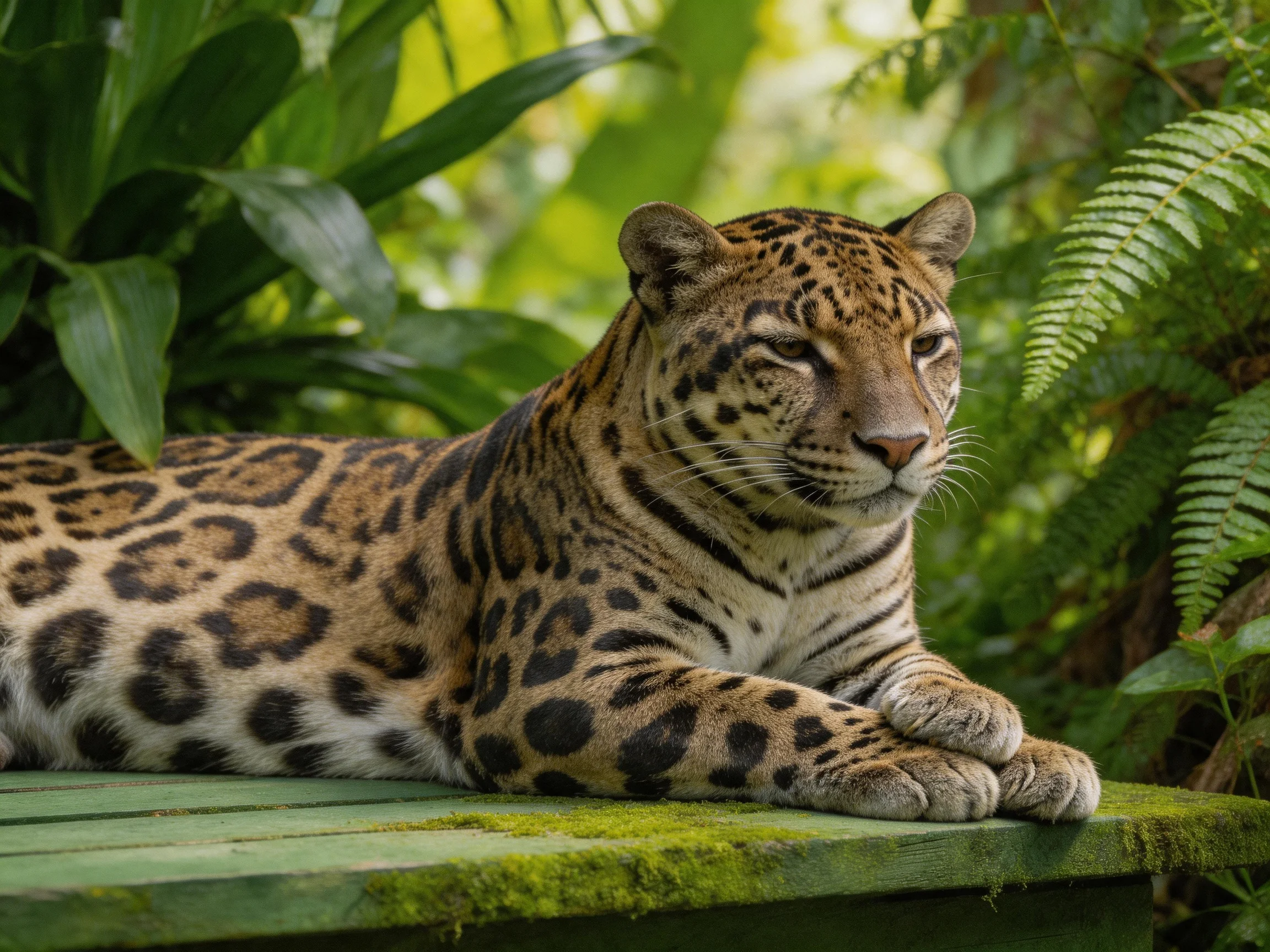 A leopard rests on a moss-covered wooden platform amid dense green foliage