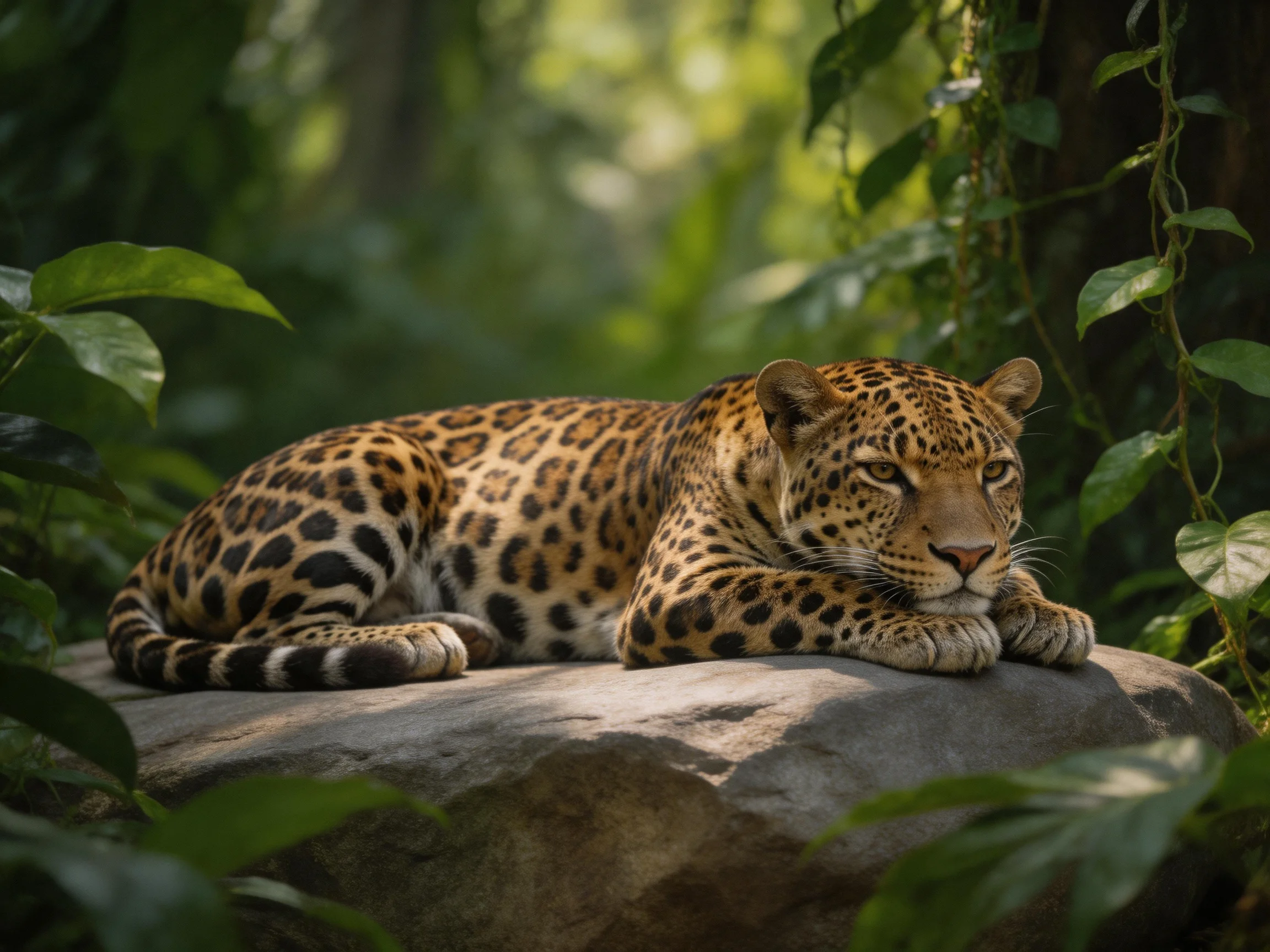 A leopard rests on a mossy rock in dense greenery