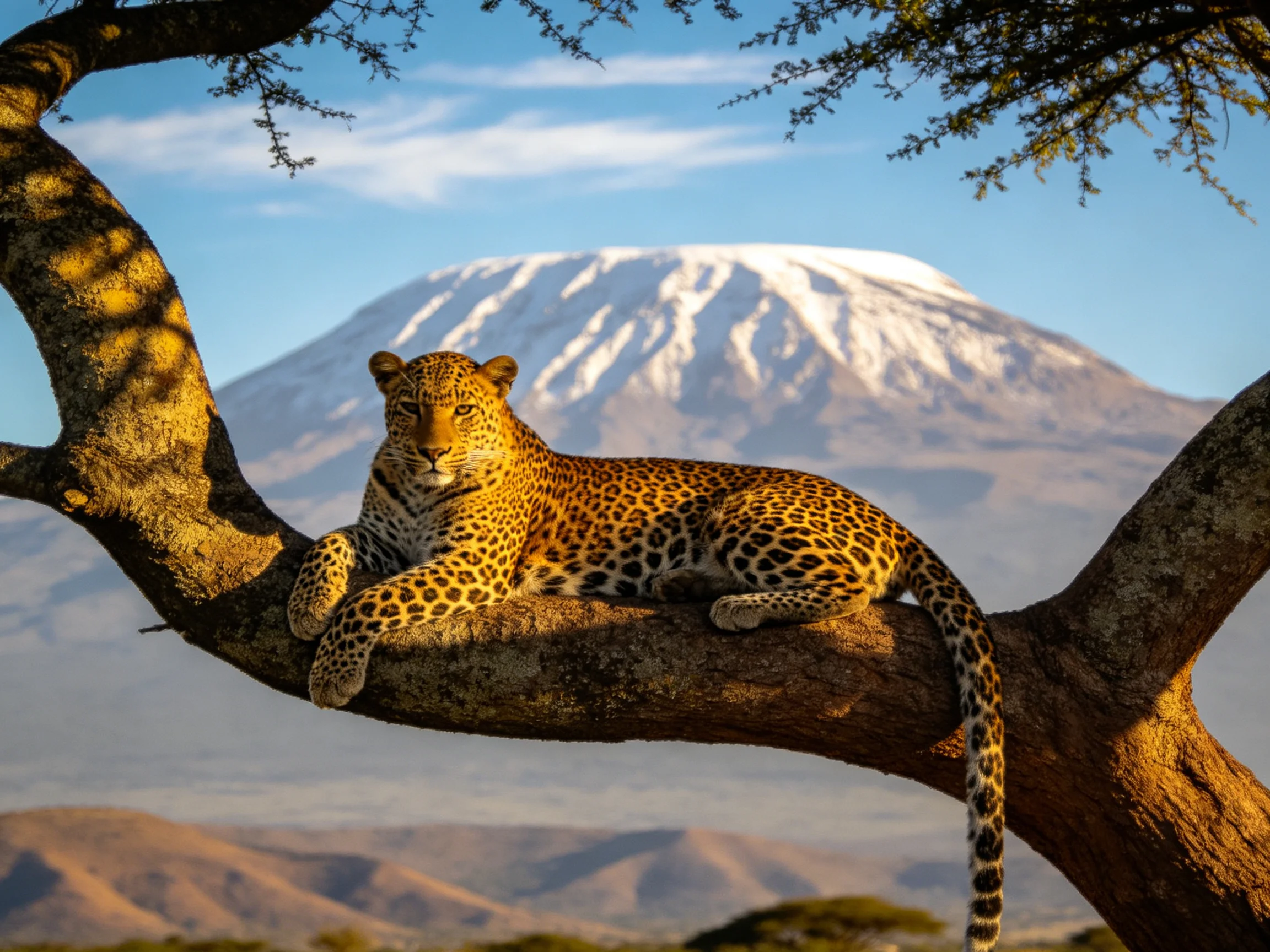 A leopard lounges on a tree branch with a snow - capped mountain in the background.