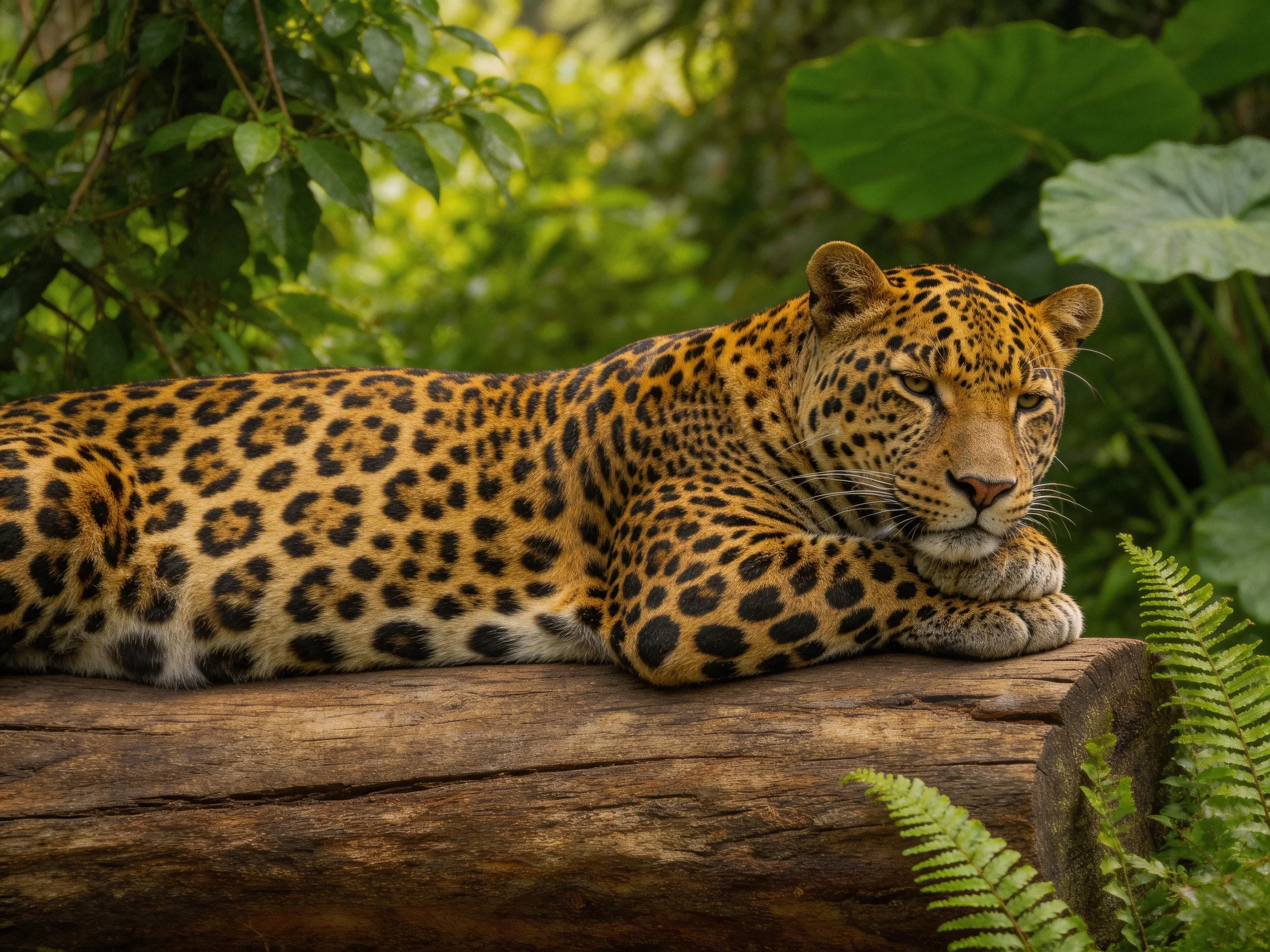 A leopard lies on a log in a lush, green natural setting.