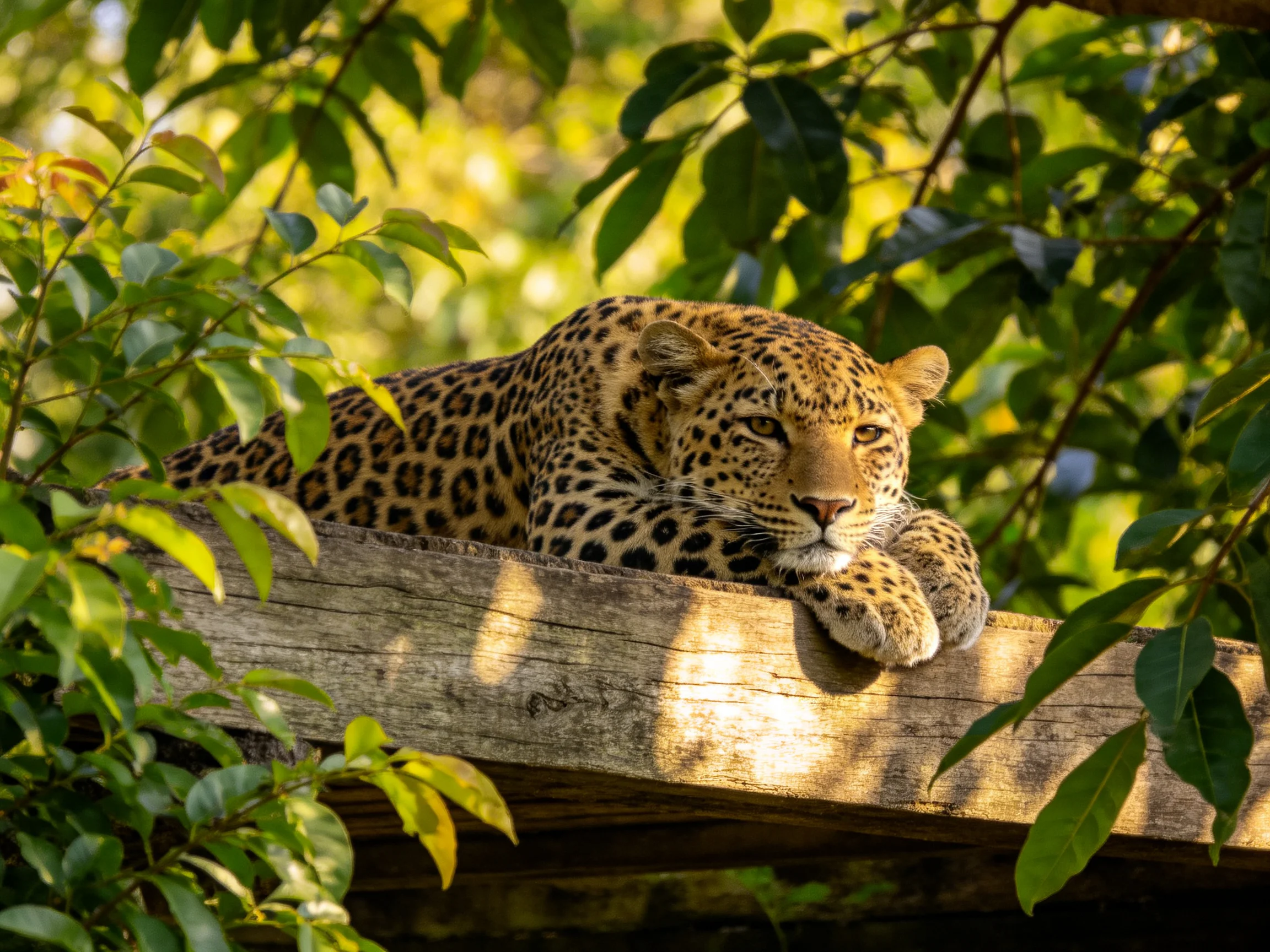 A leopard relaxes on a wooden beam surrounded by dense greenery in sunlight.