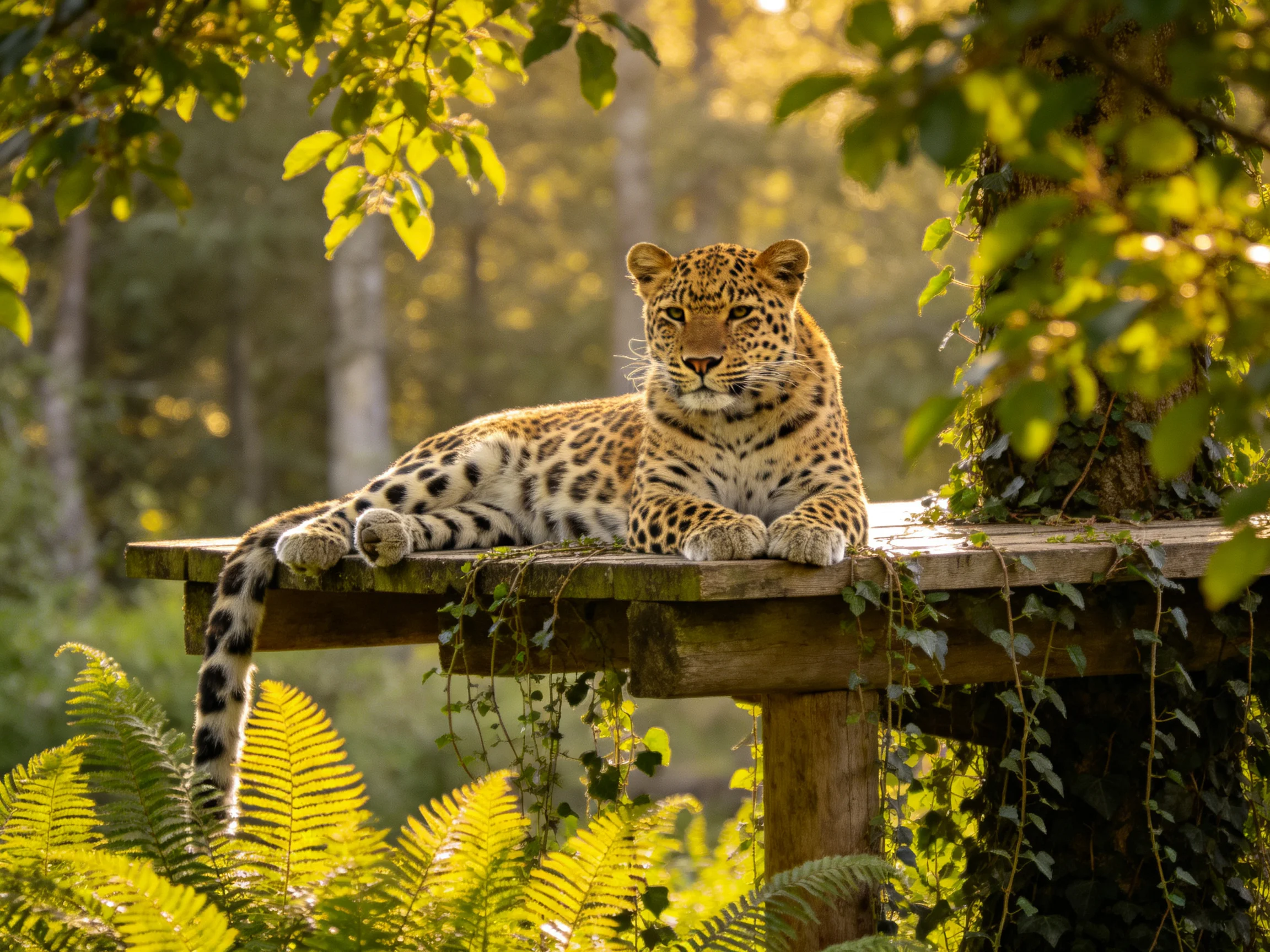 A leopard rests on a wooden platform amid lush green foliage